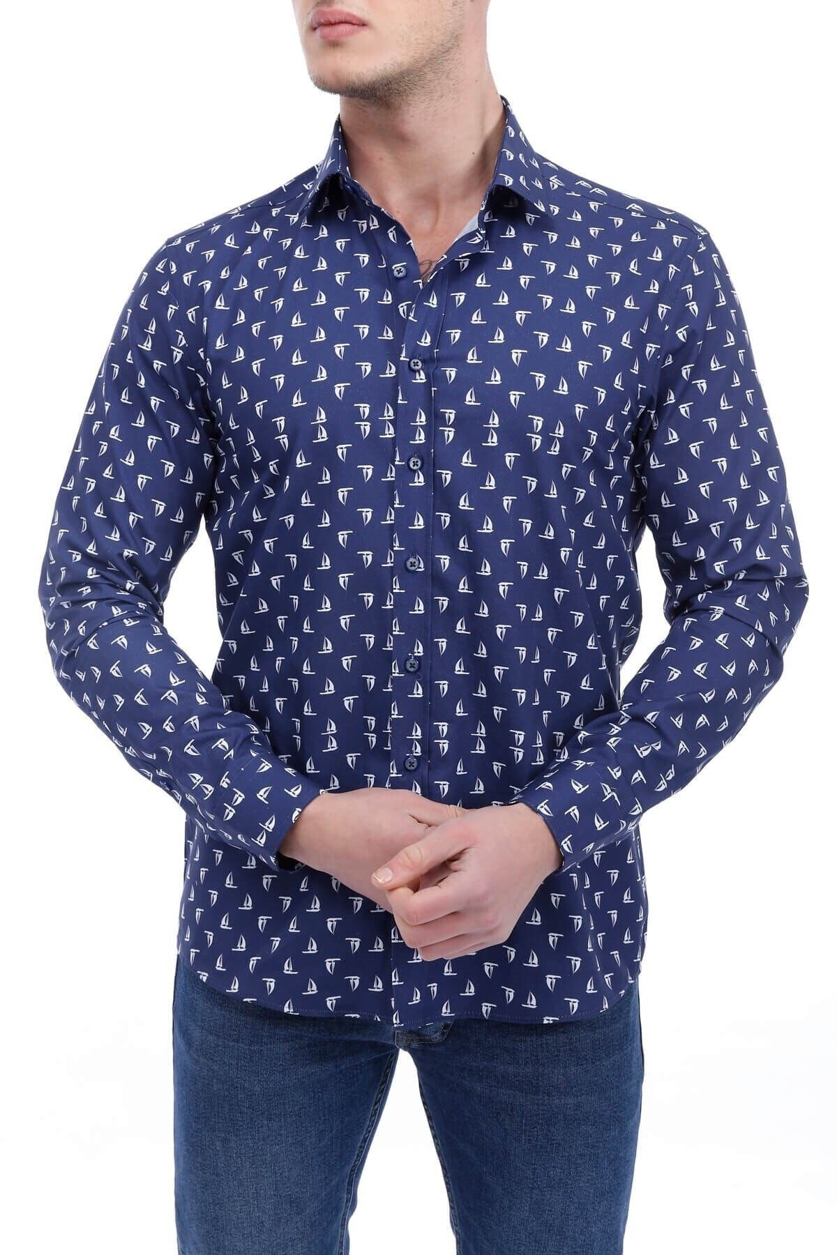 Baskılı Lacivert Slim Fit Gömlek
