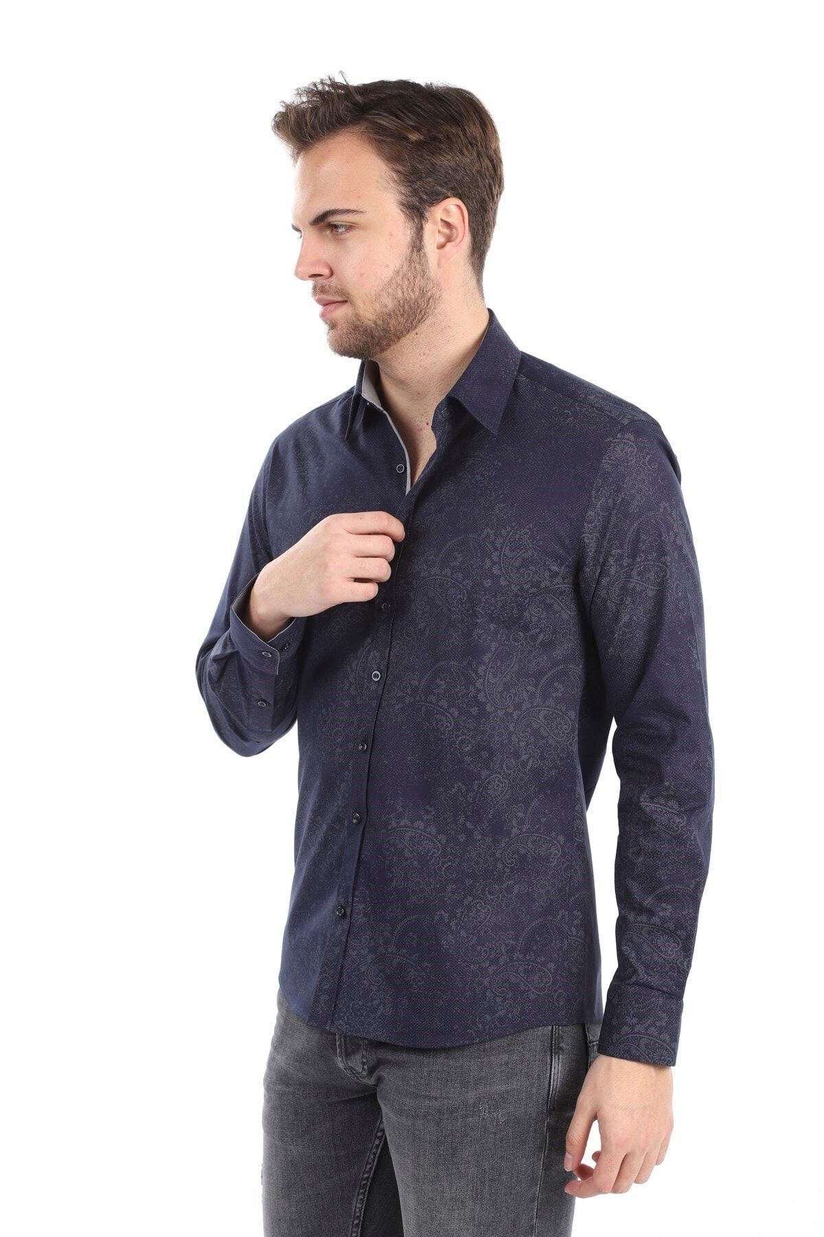 Baskılı Lacivert Slim Fit Gömlek