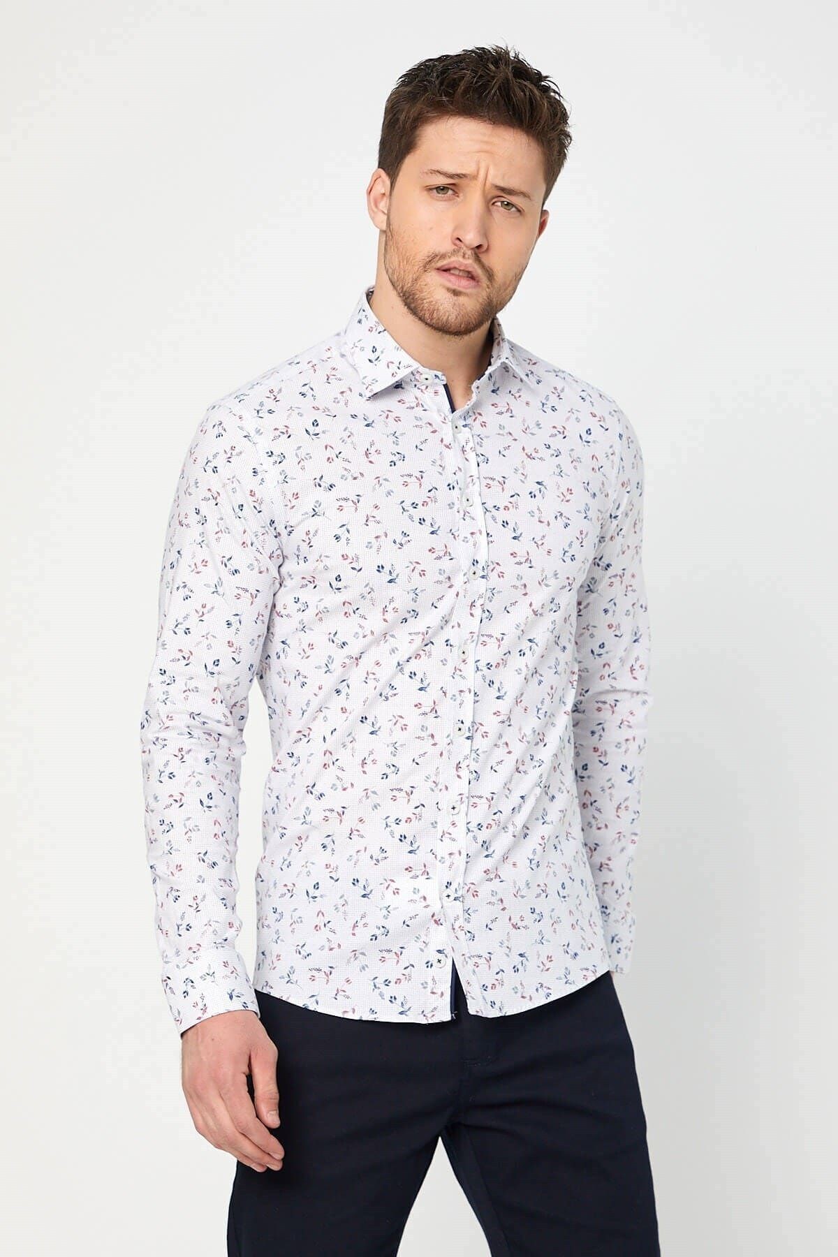 Lacivert Baskılı Beyaz Slim Fit Uzun Kol Gömlek