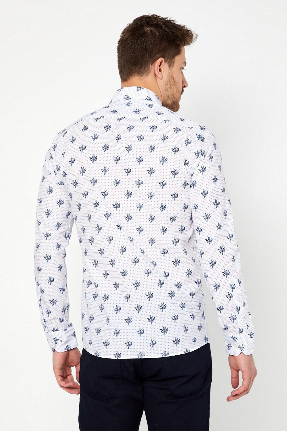 Lacivert Çiçek Baskılı Slim Fit Uzun Kol Gömlek
