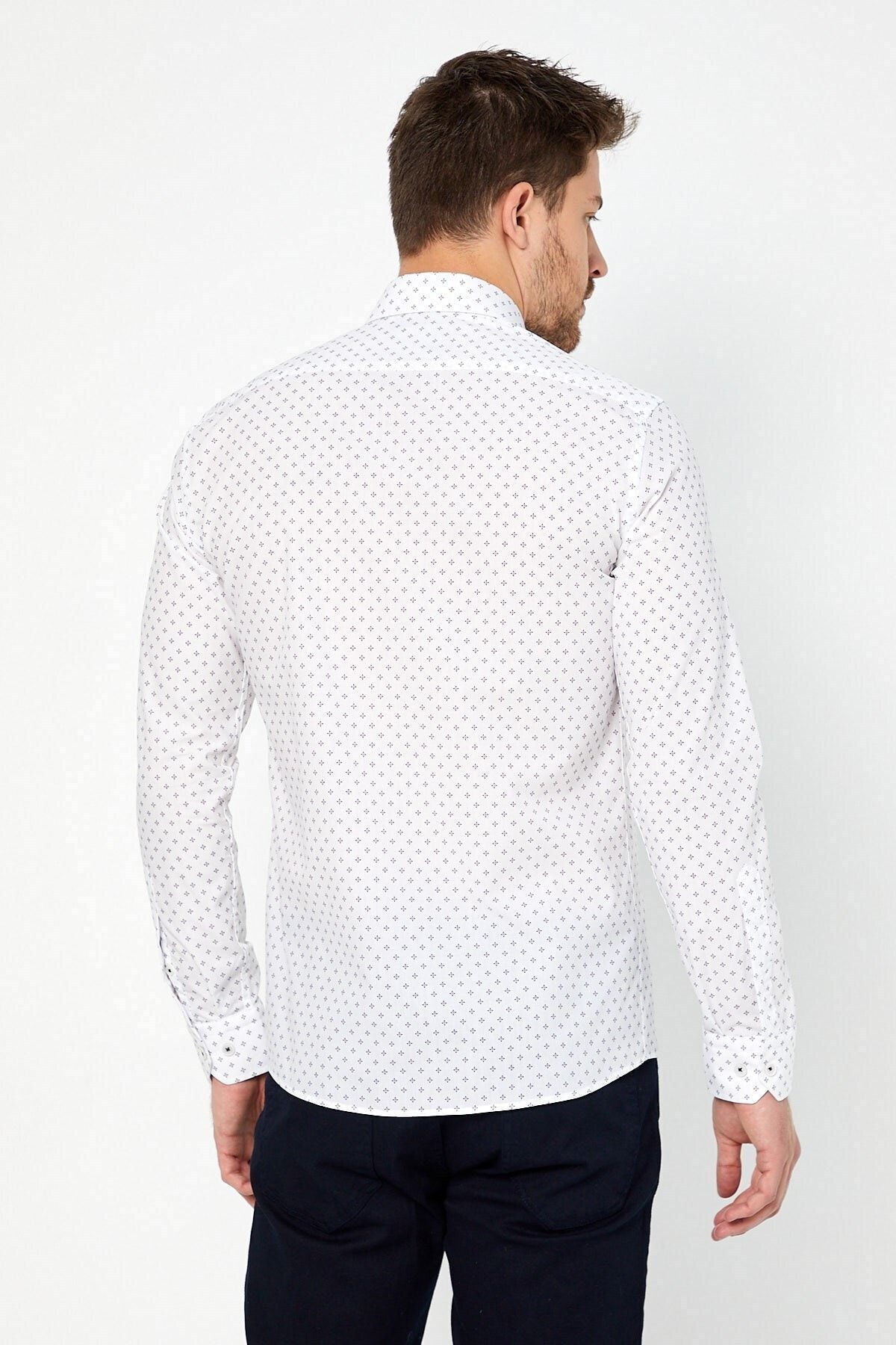 Lacivert Baskılı Beyaz Slim Fit Uzun Kol Gömlek
