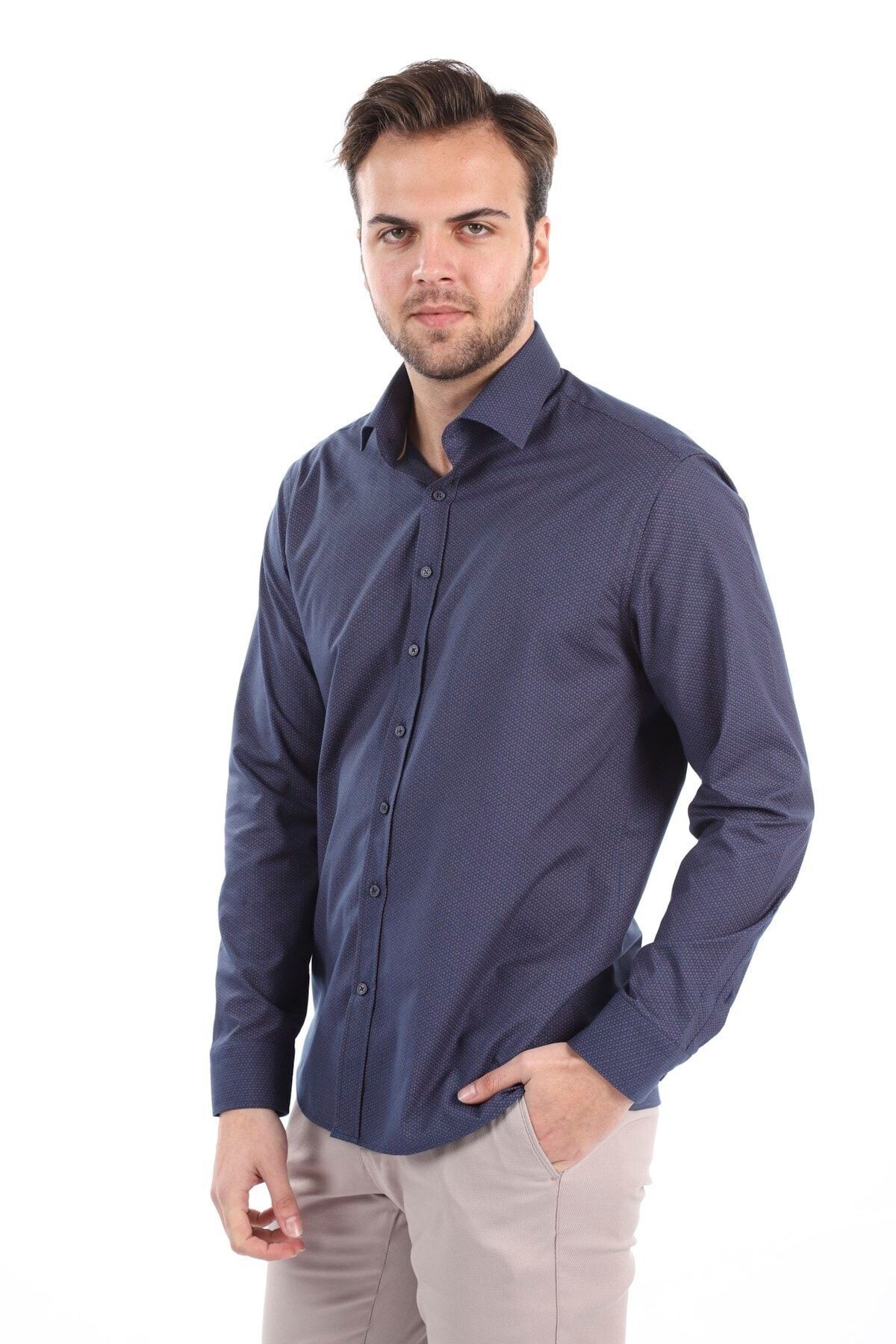 Baskılı Lacivert Slim Fit Likralı Gömlek