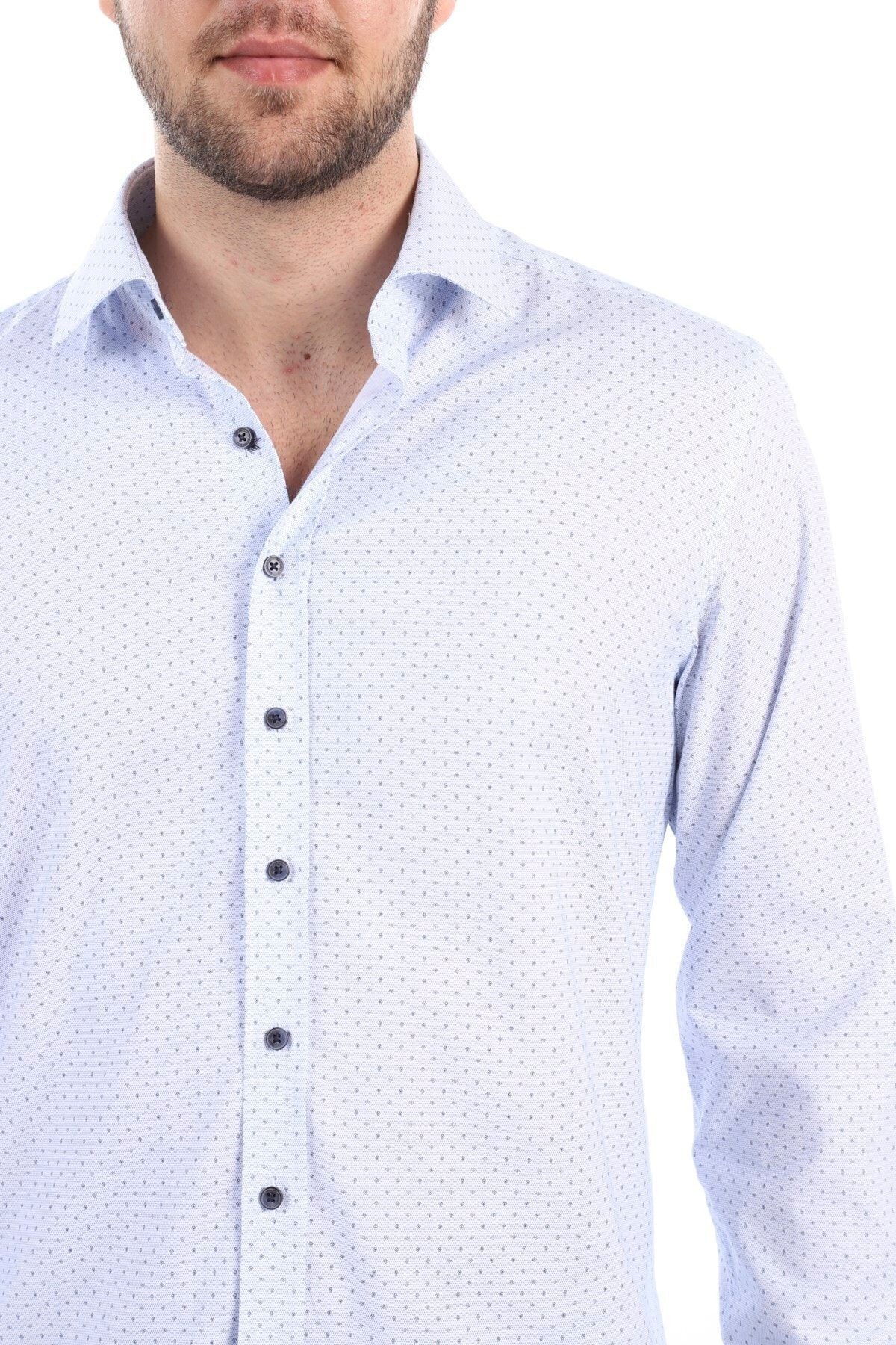 Baskılı Mavi Slim Fit Likralı Gömlek