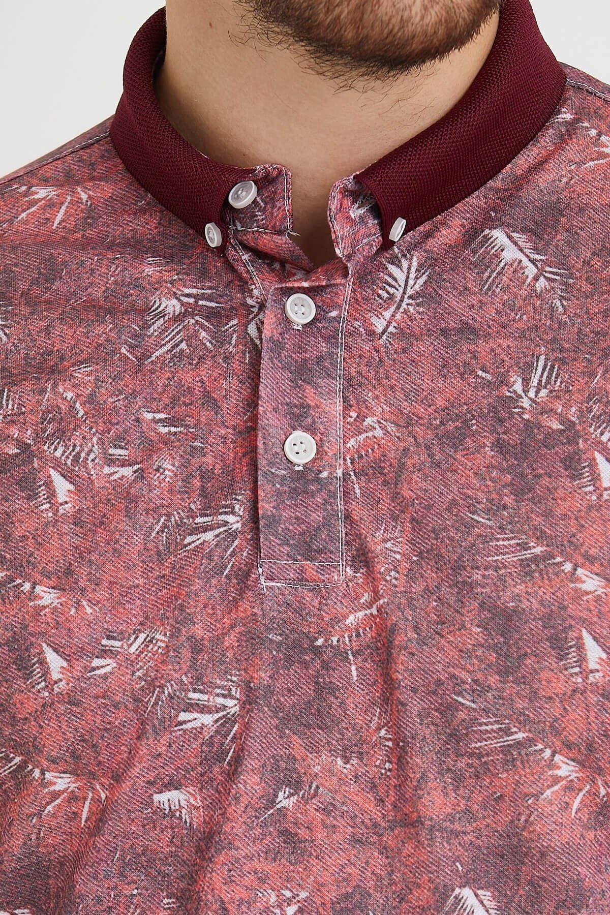 Polo Yaka Düğmeli Baskılı Bordo Slim Fit Tişört