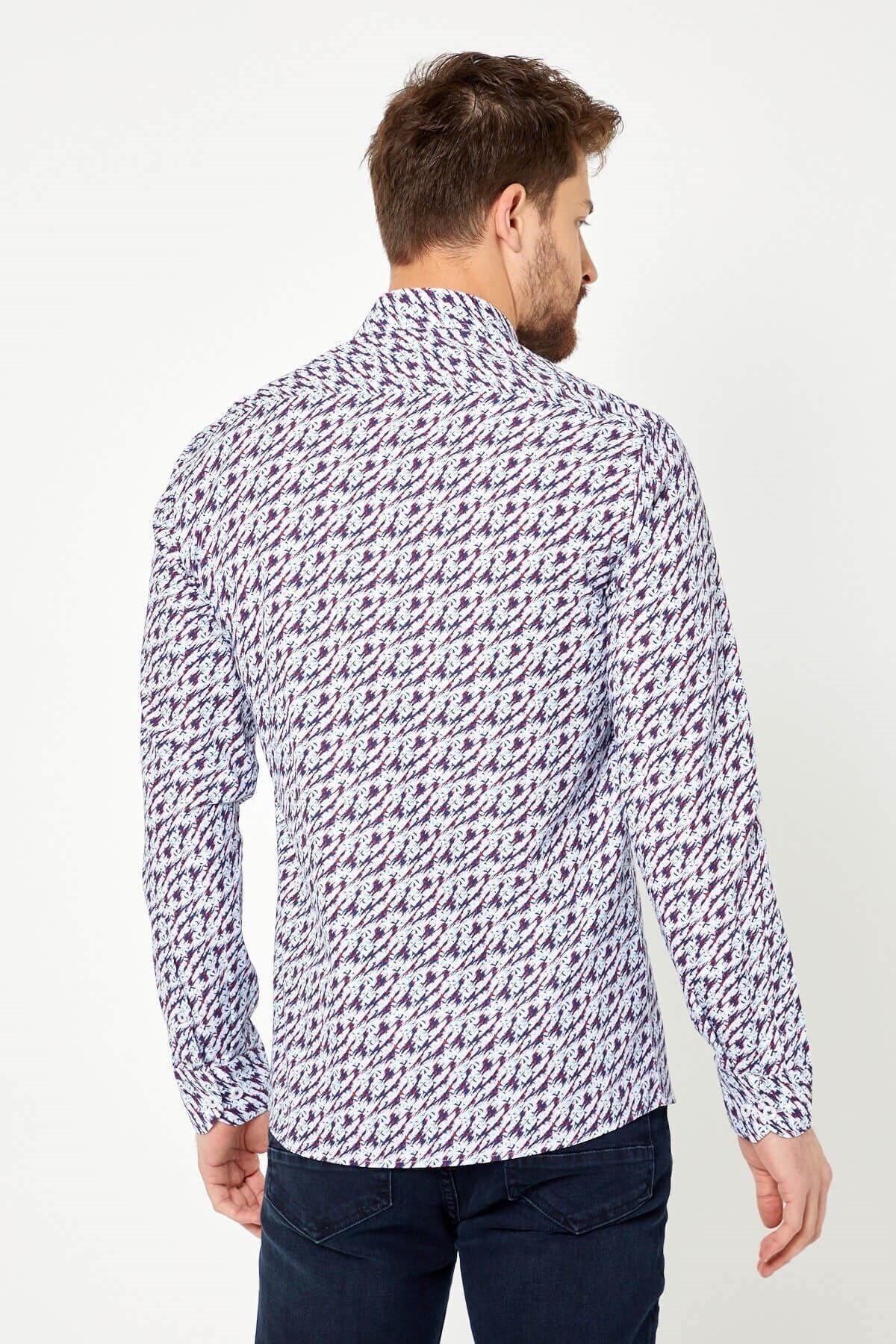 %100 Pamuk Lacivert Baskılı Slim Fit Uzun Kol Gömlek