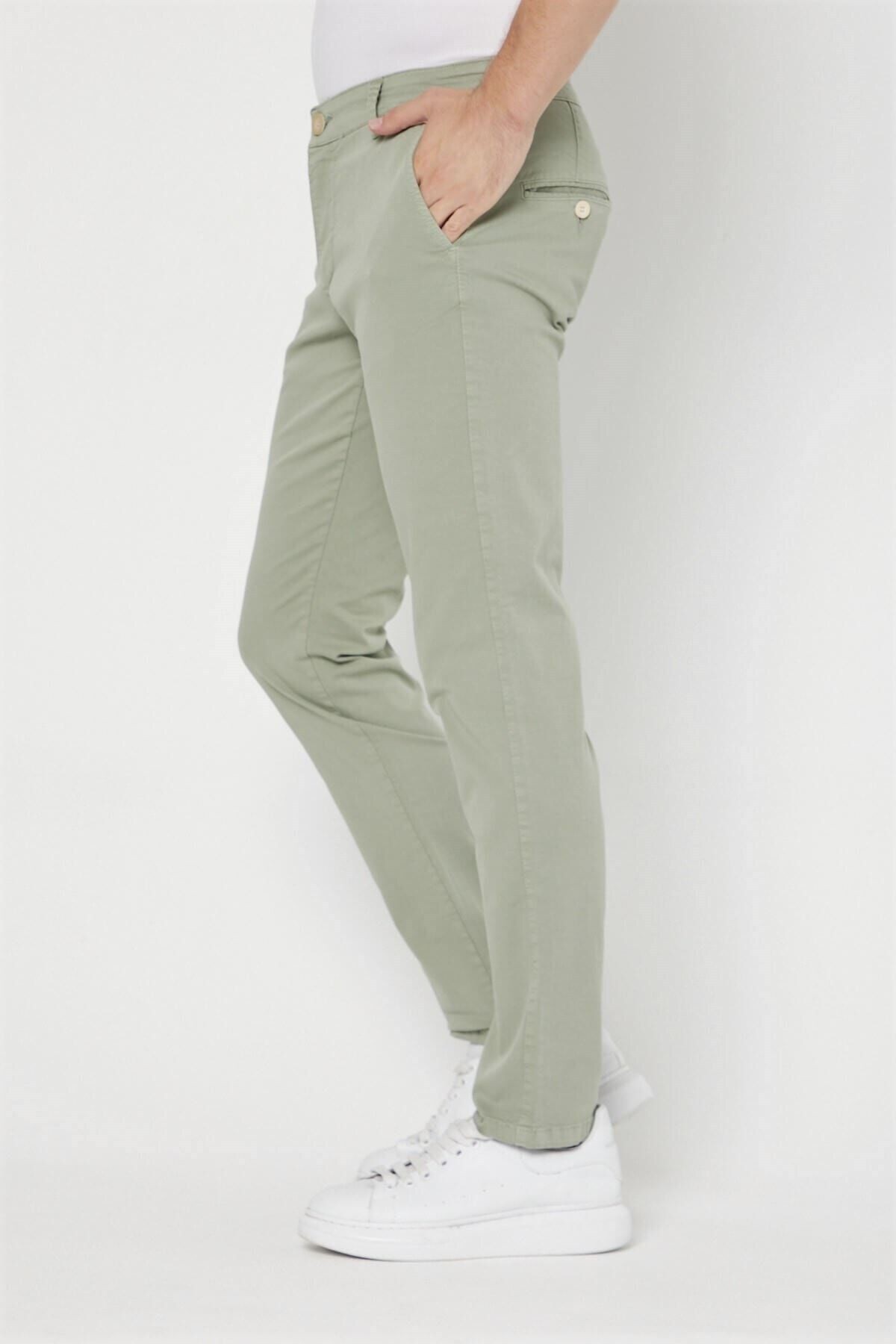 Yeşil Chıno Yan Cepli Keten Regular Fit Pantolon