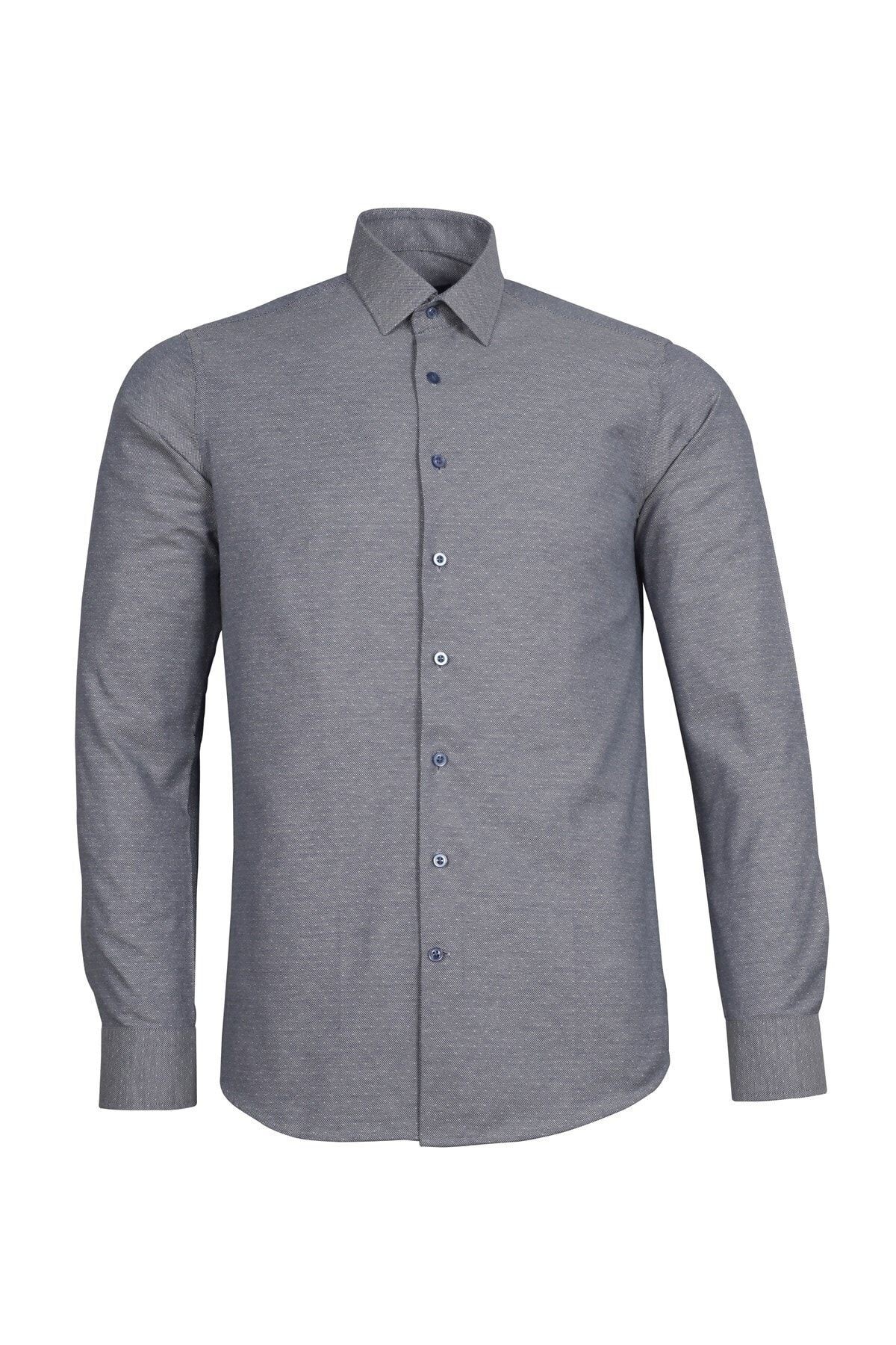 Erkek Gri Slim Fit Armürlü Gömlek