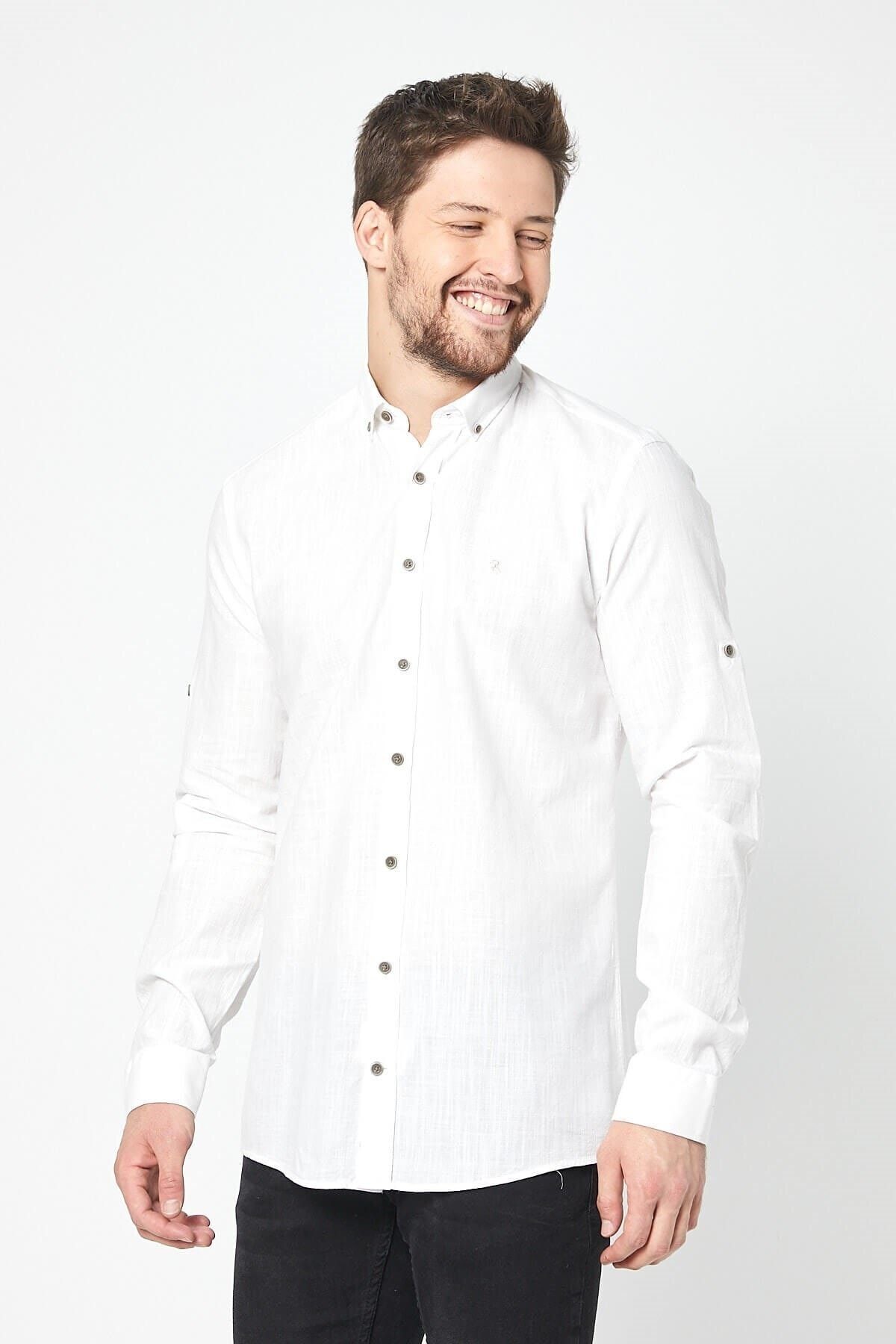 Keten Kırık Beyaz Slim Fit Uzun Kol Gömlek