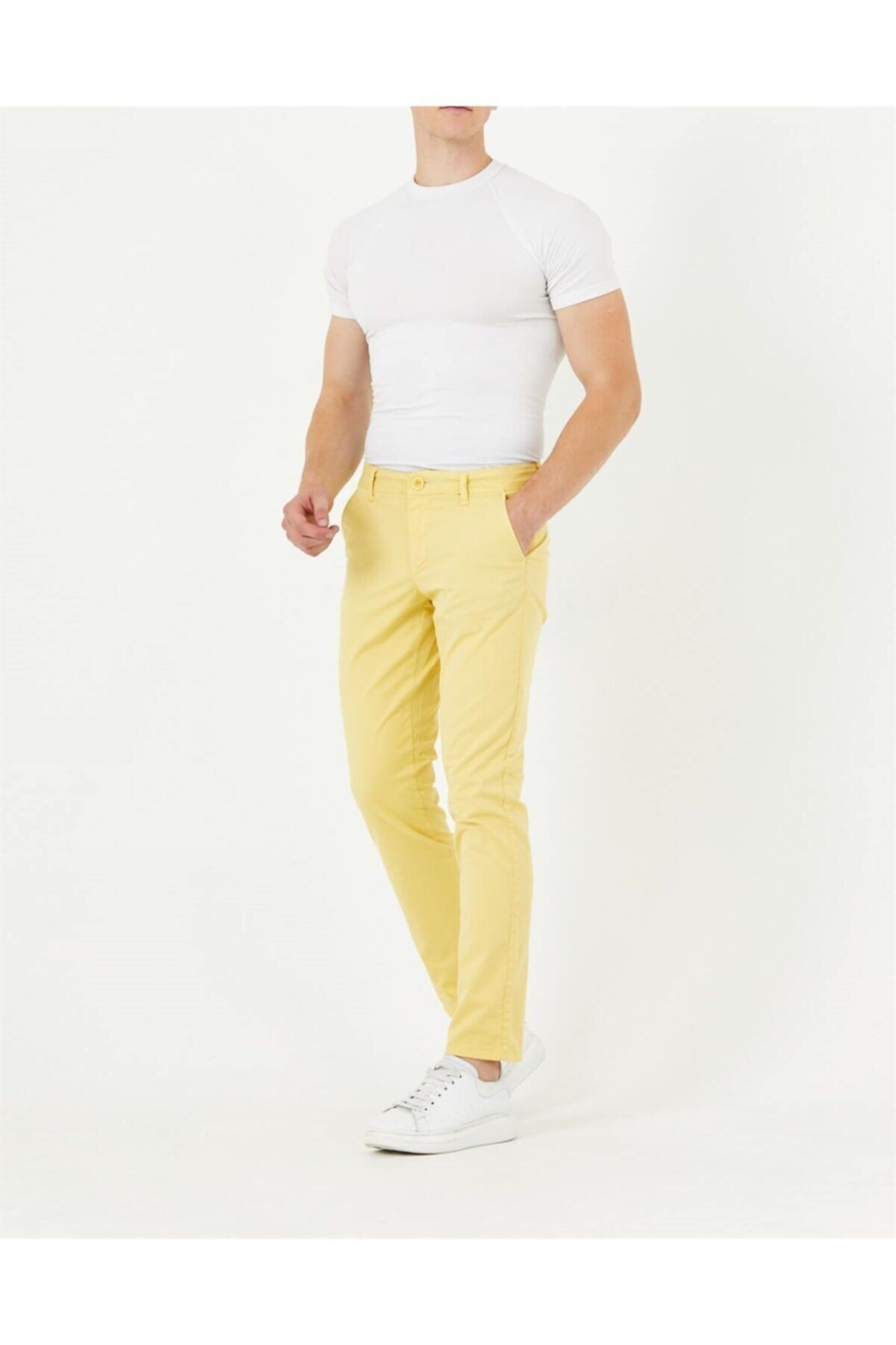 Sarı Gabardin Chıno Yan Cepli Keten Regular Fit Pantolon