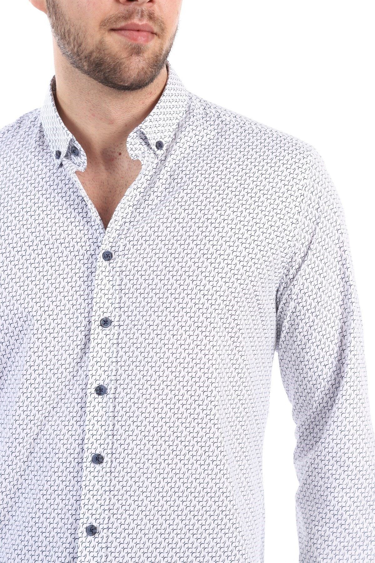 Baskılı Beyaz Slim Fit Likralı Gömlek