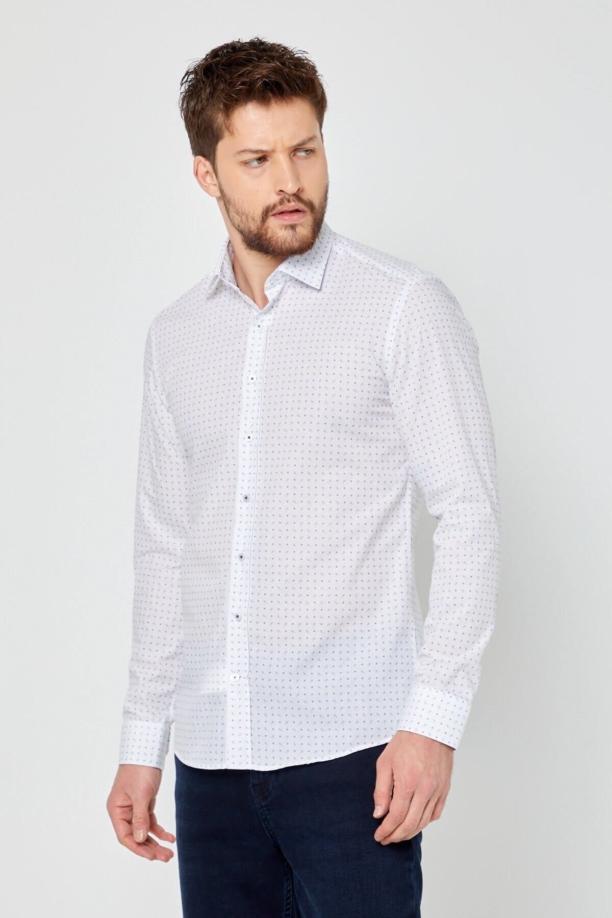 Mavi Baskılı Beyaz Slim Fit Uzun Kol Gömlek