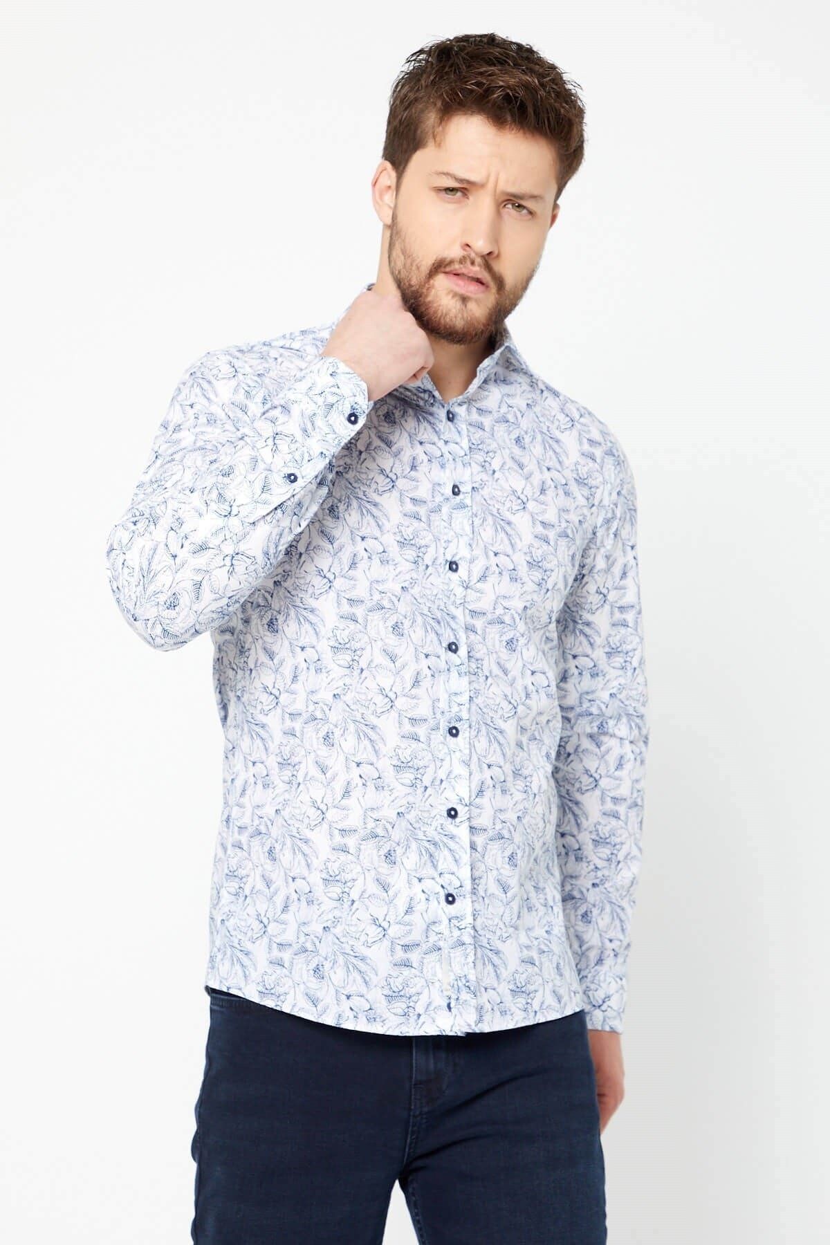 Lacivert Baskılı Beyaz Slim Fit Uzun Kol Gömlek