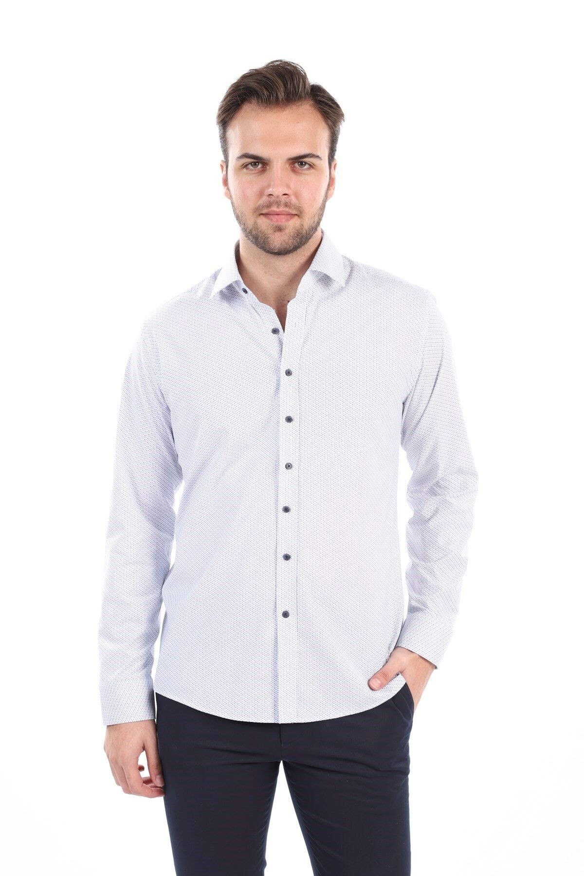 Baskılı Beyaz Slim Fit Likralı Gömlek
