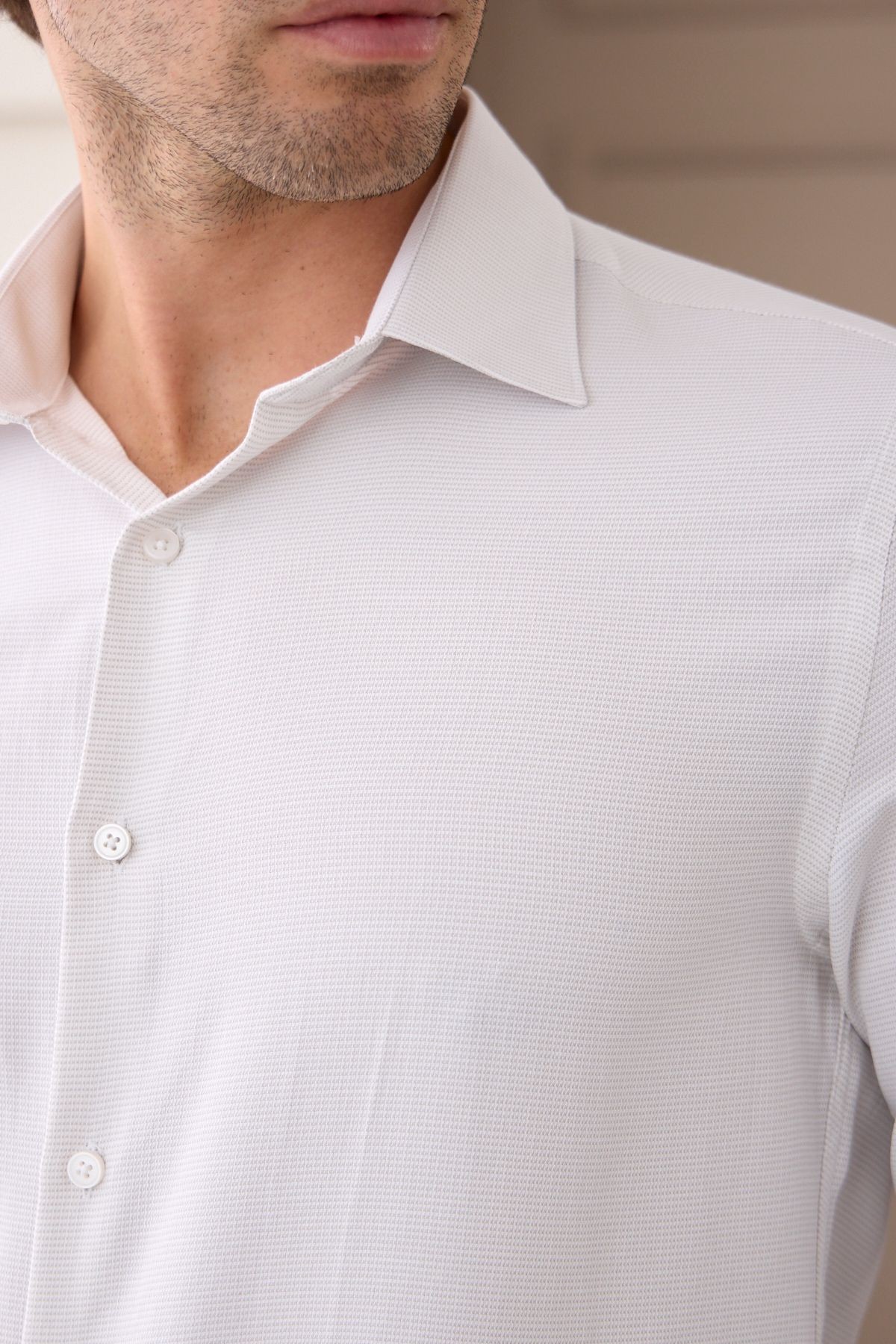 Erkek Bej Uzun Kol Slim Fit Dar Kesim Klasik Yaka Desenli Pamuklu Gömlek