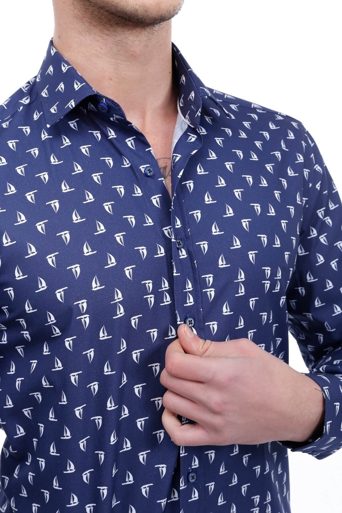 Baskılı Lacivert Slim Fit Gömlek
