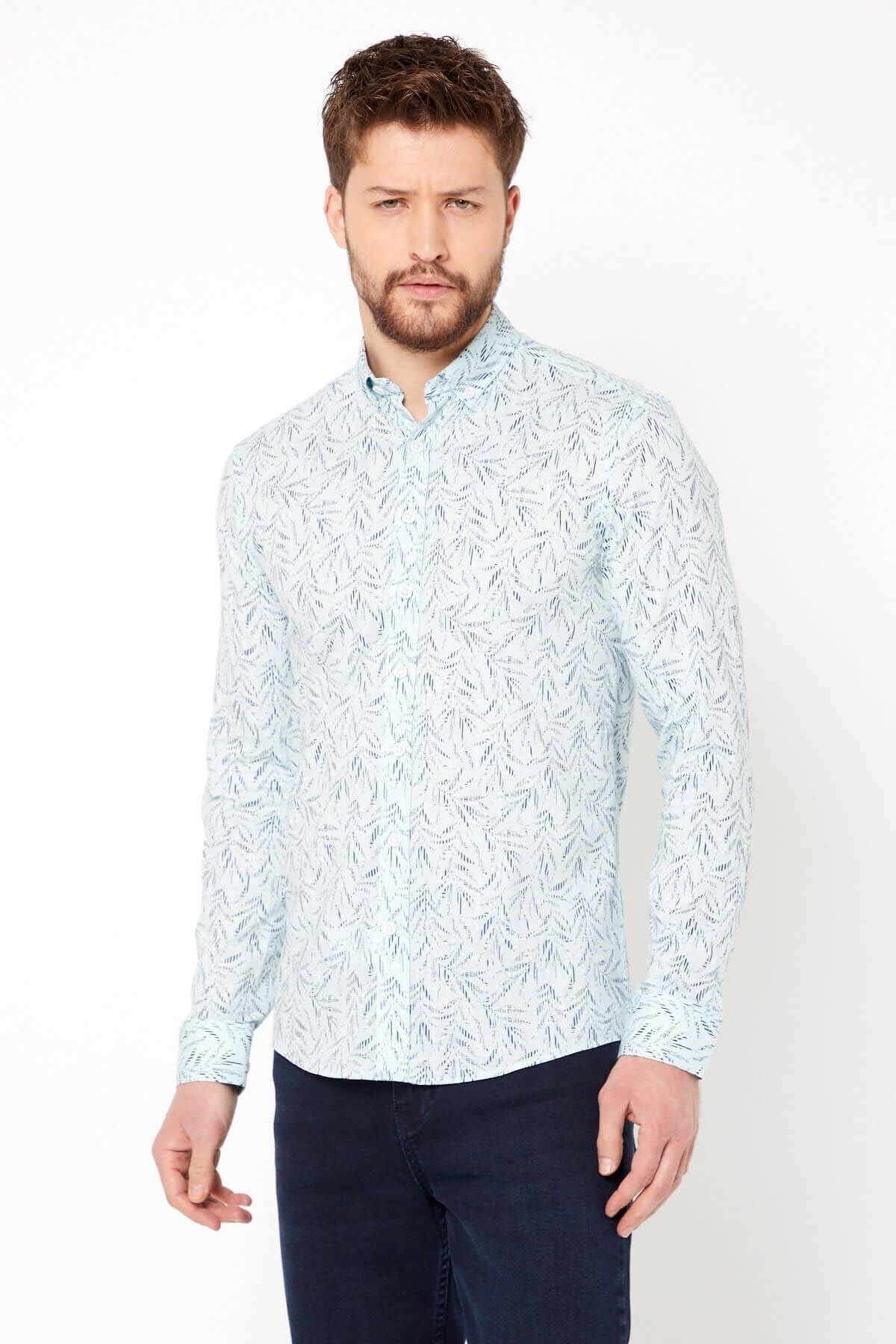 Pamuk Keten Baskılı Açık Yeşil Slim Fit Uzun Kol Gömlek