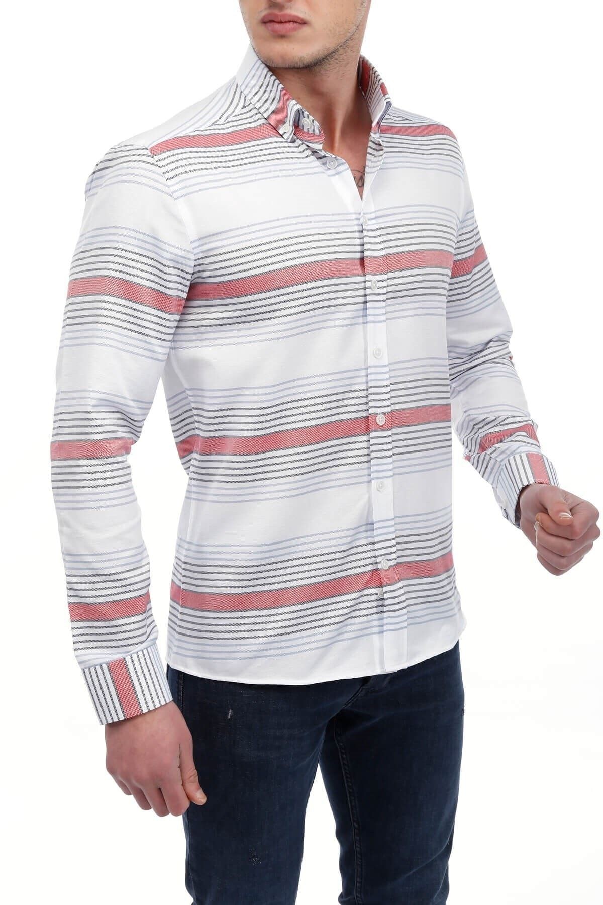 Kırmızı Panolu Beyaz Slim Fit Gömlek