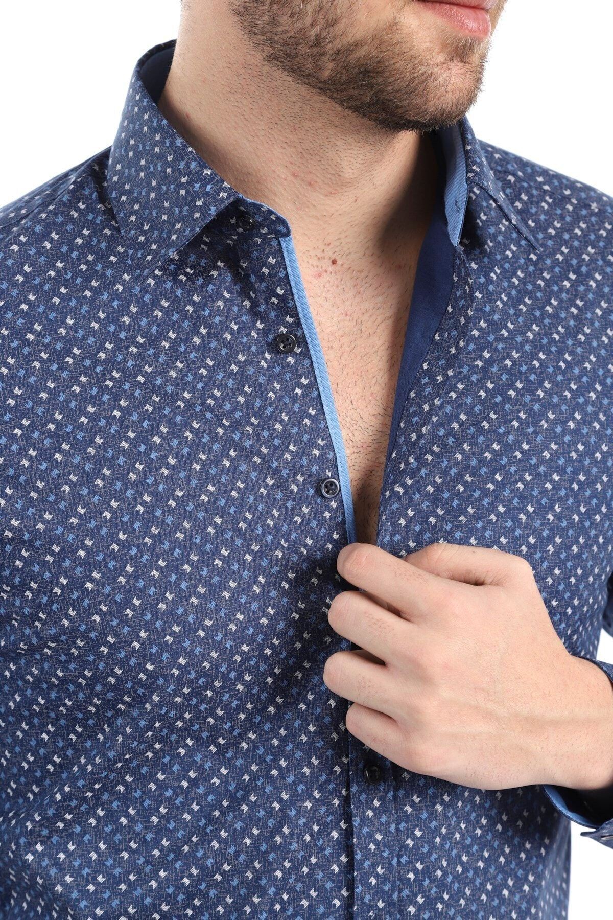Baskılı Lacivert Slim Fit Gömlek