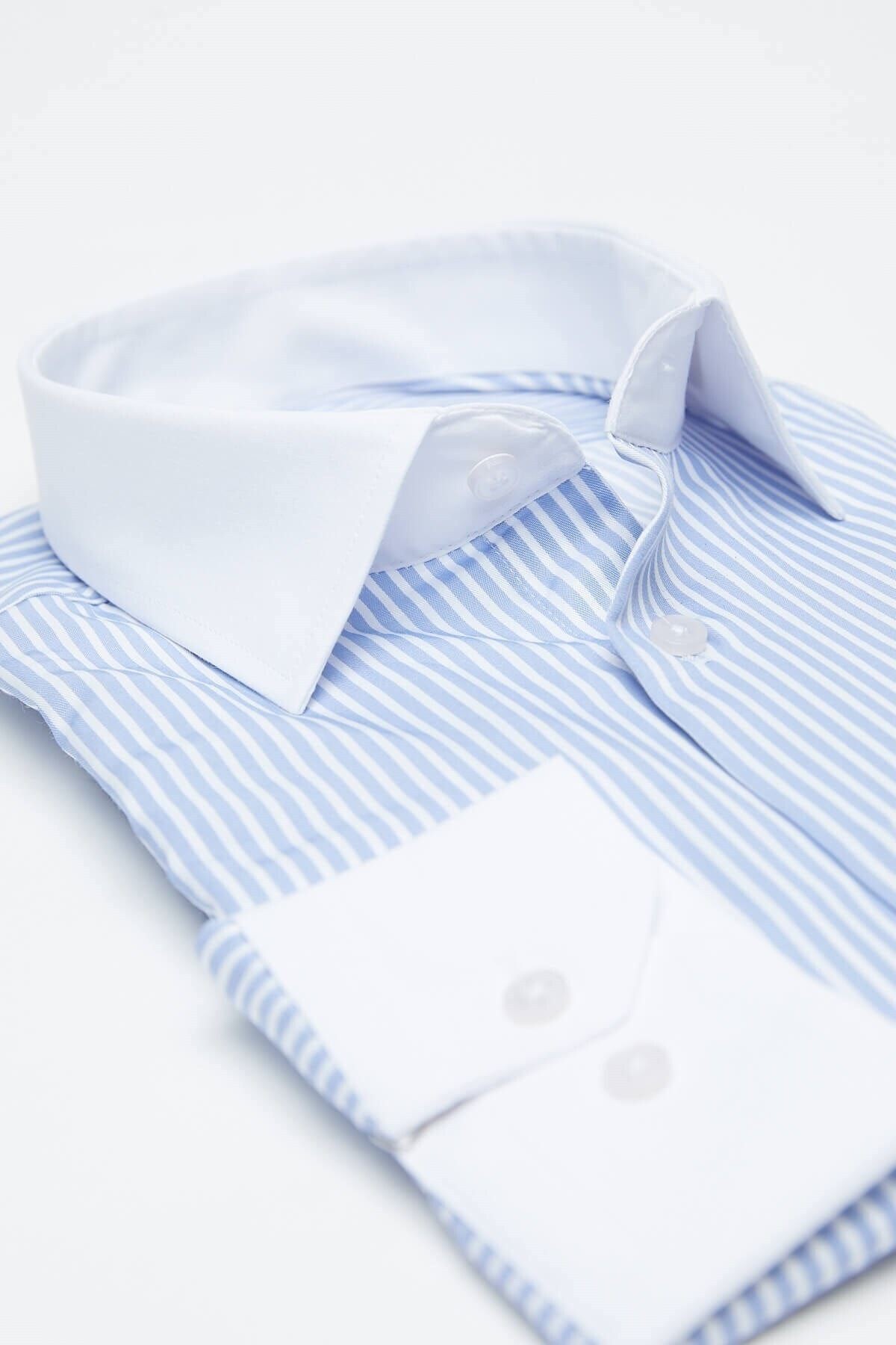 Beyaz Yakalı Mavi Beyaz Çizgili Slim Fit Uzun Kol Gömlek