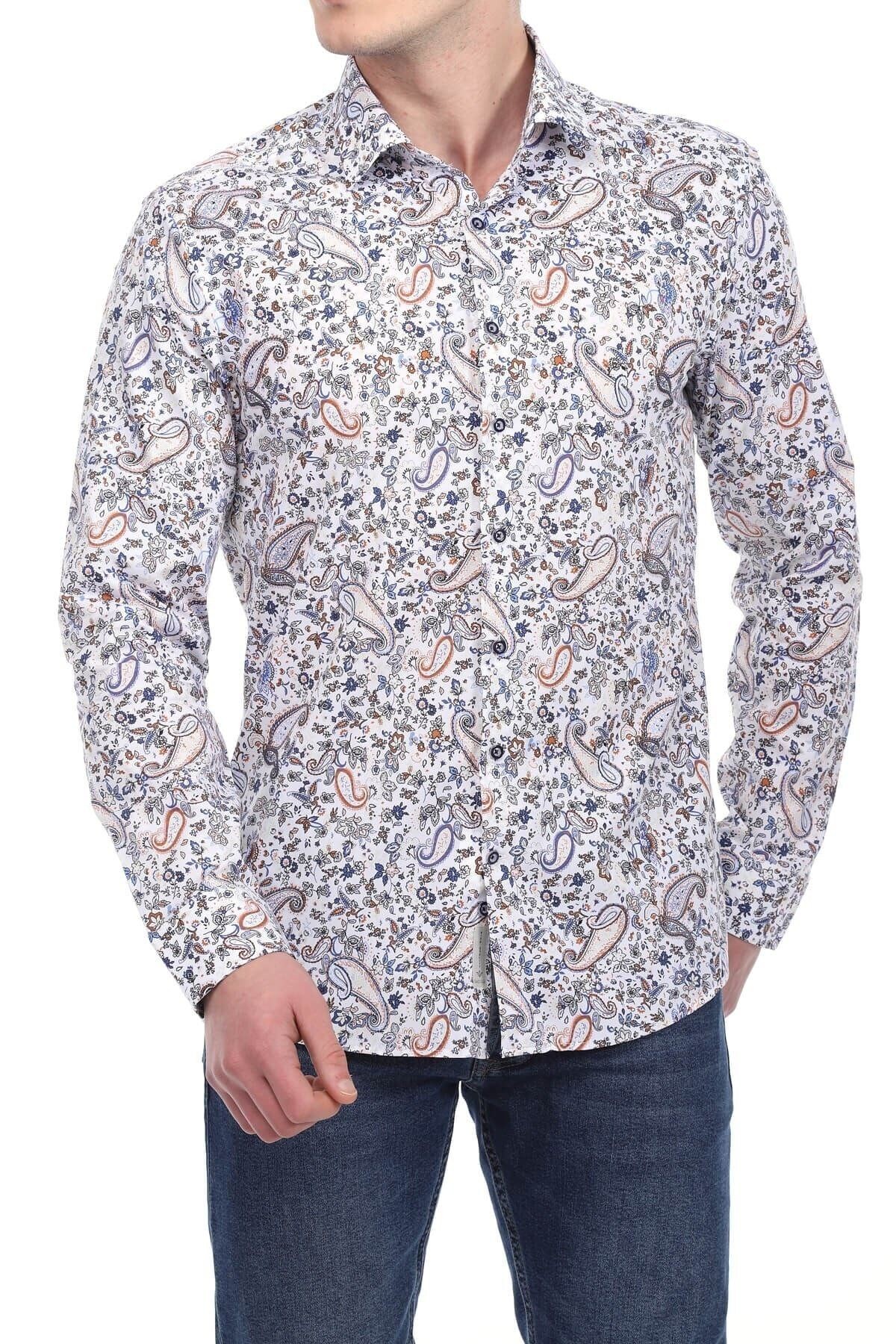 Baskılı Beyaz Slim Fit Gömlek