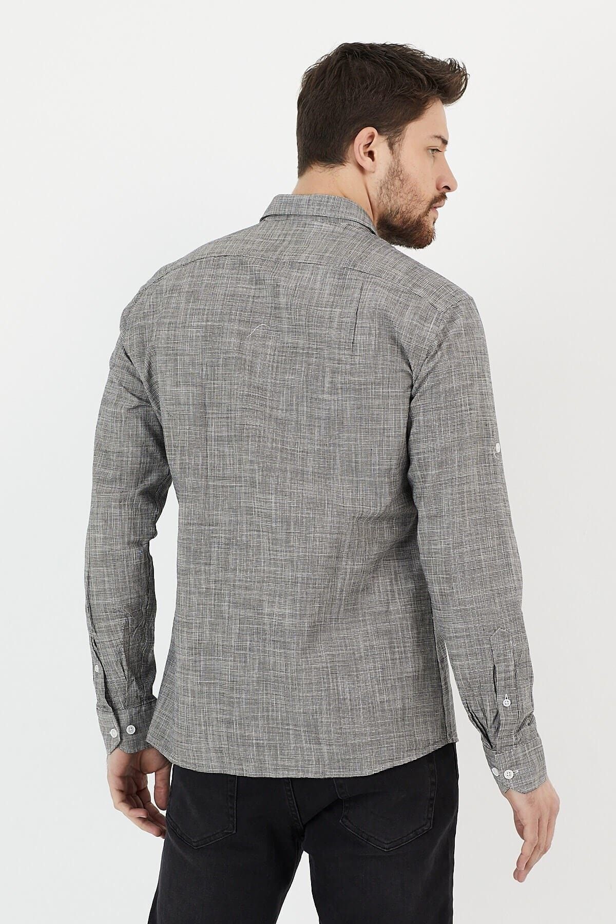 Gri %100 Pamuk Slim Fit Uzun Kol Keten Gömlek