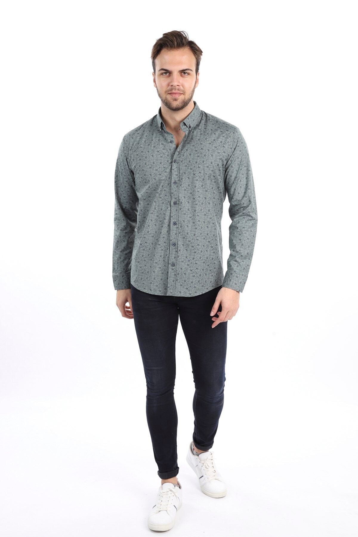 Baskılı Yeşil Slim Fit Likralı Gömlek