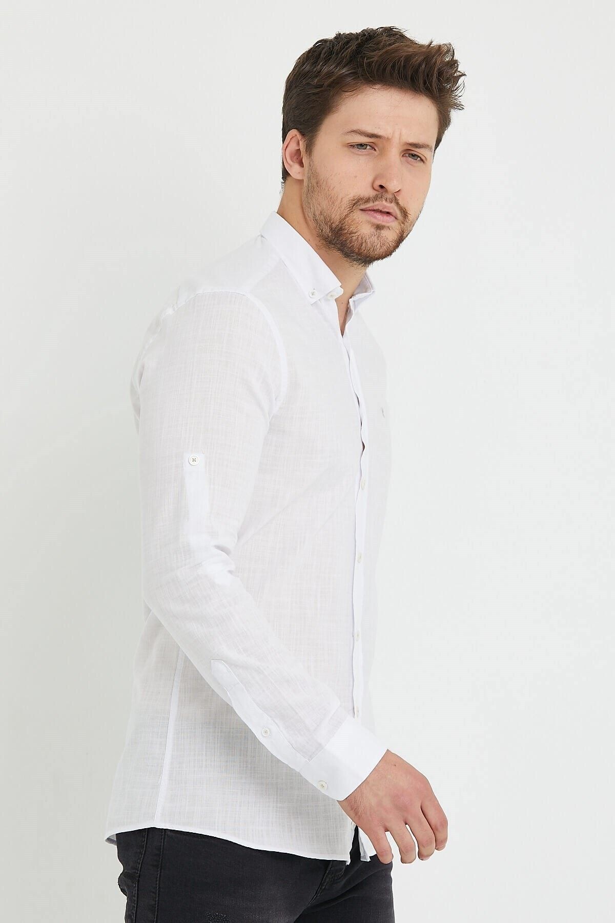 Keten Beyaz Slim Fit Uzun Kol Gömlek