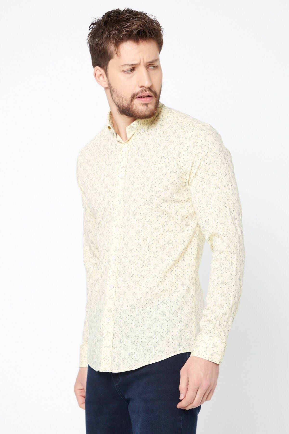 Pamuk Keten Baskılı Sarı Slim Fit Uzun Kol Gömlek