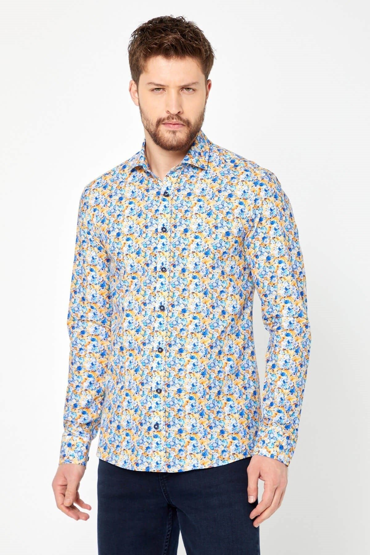 %100 Pamuk Sarı Çiçek Baskılı Slim Fit Uzun Kol Gömlek