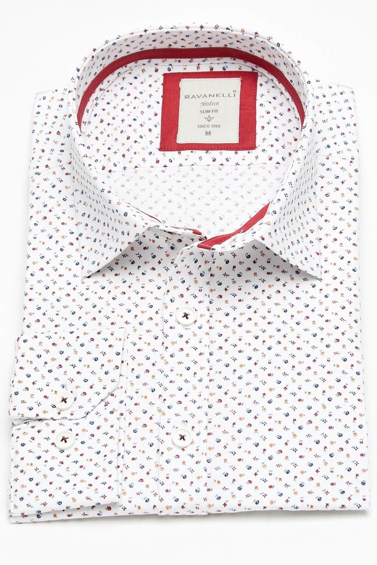 Bordo Baskılı Beyaz Slim Fit Uzun Kol Gömlek