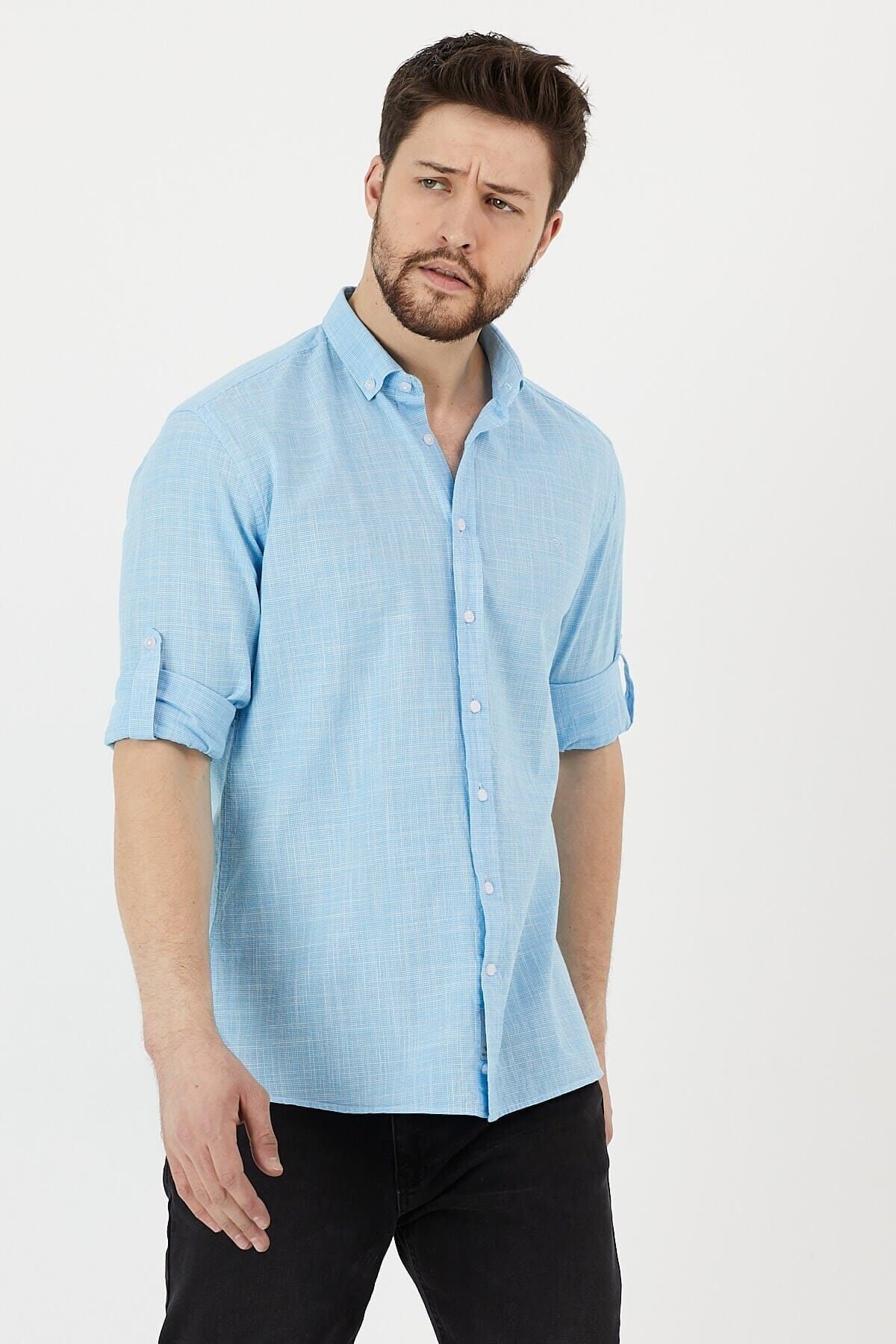 Turkuaz %100 Pamuk Slim Fit Uzun Kol Keten Gömlek