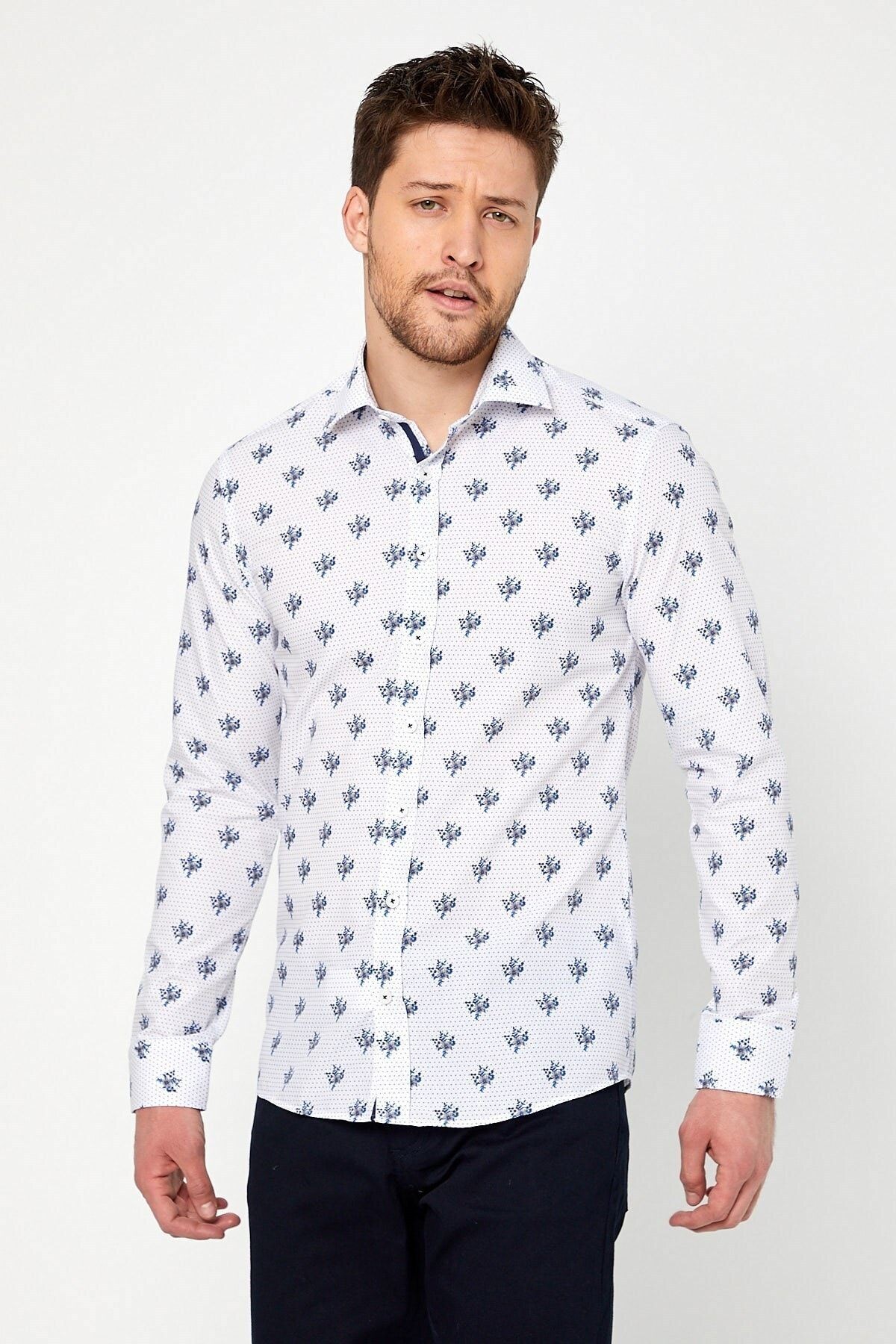 Kahverengi Çiçek Baskılı Slim Fit Uzun Kol Gömlek