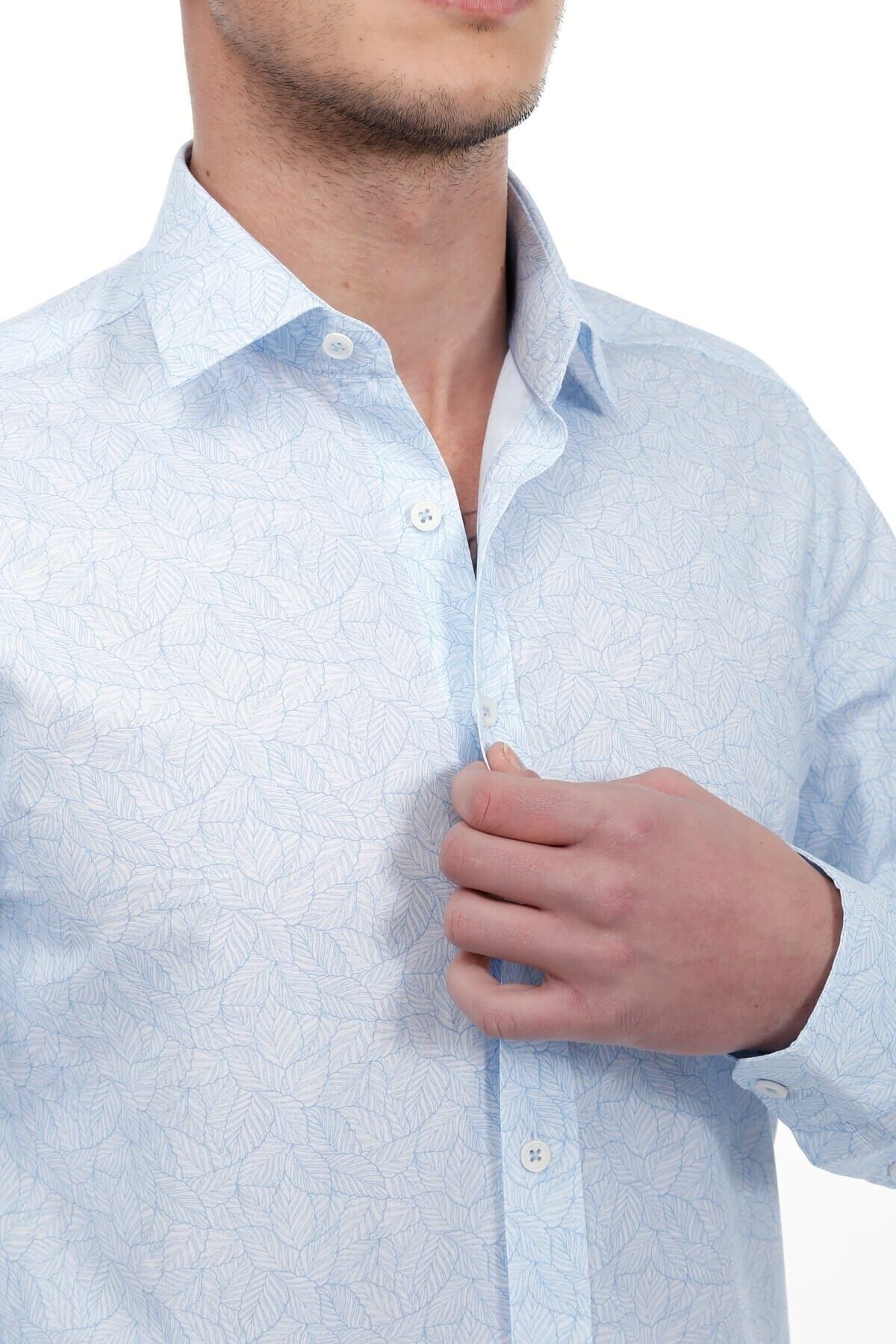 Baskılı Mavi Slim Fit Gömlek
