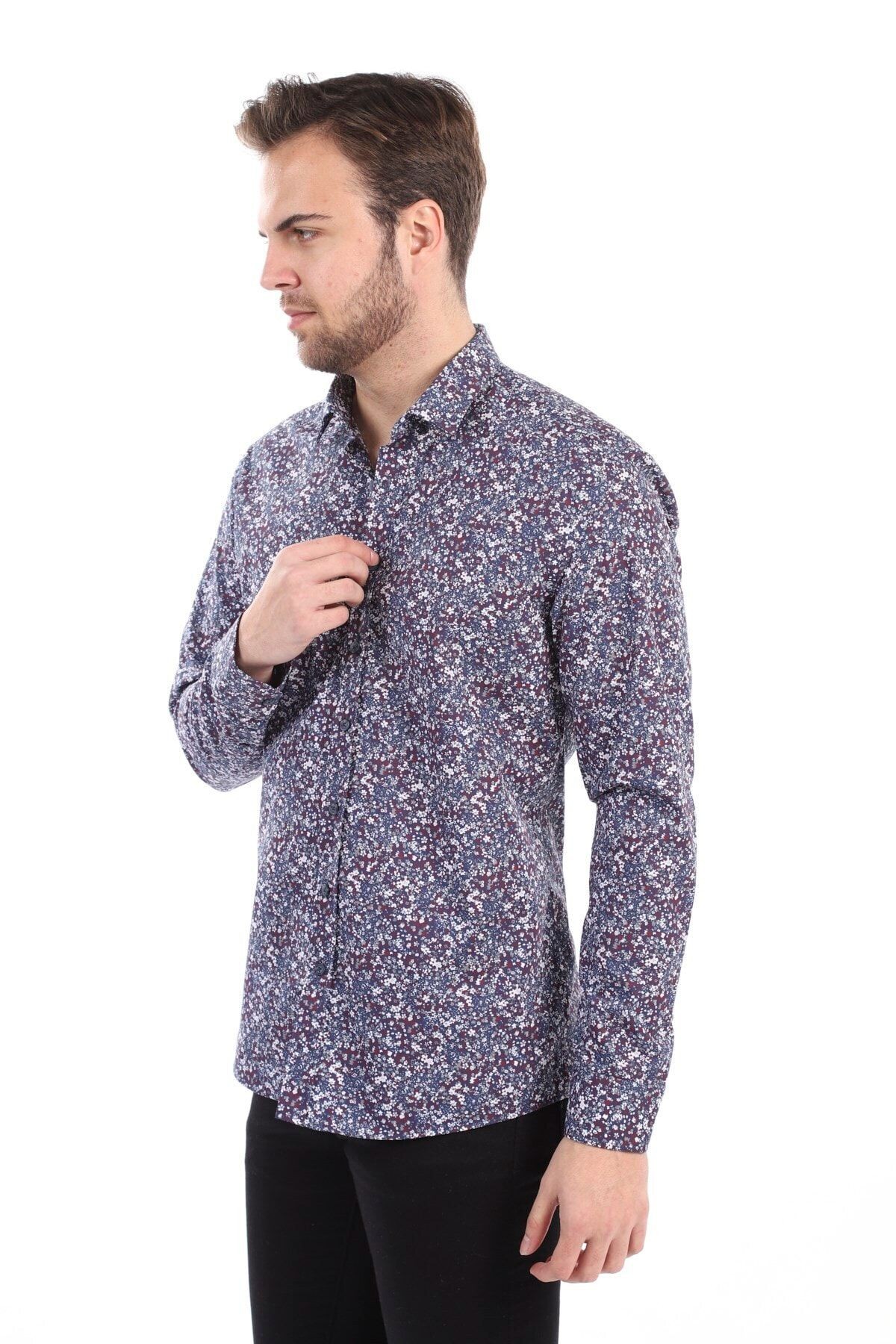Baskılı Lacivert Slim Fit Gömlek