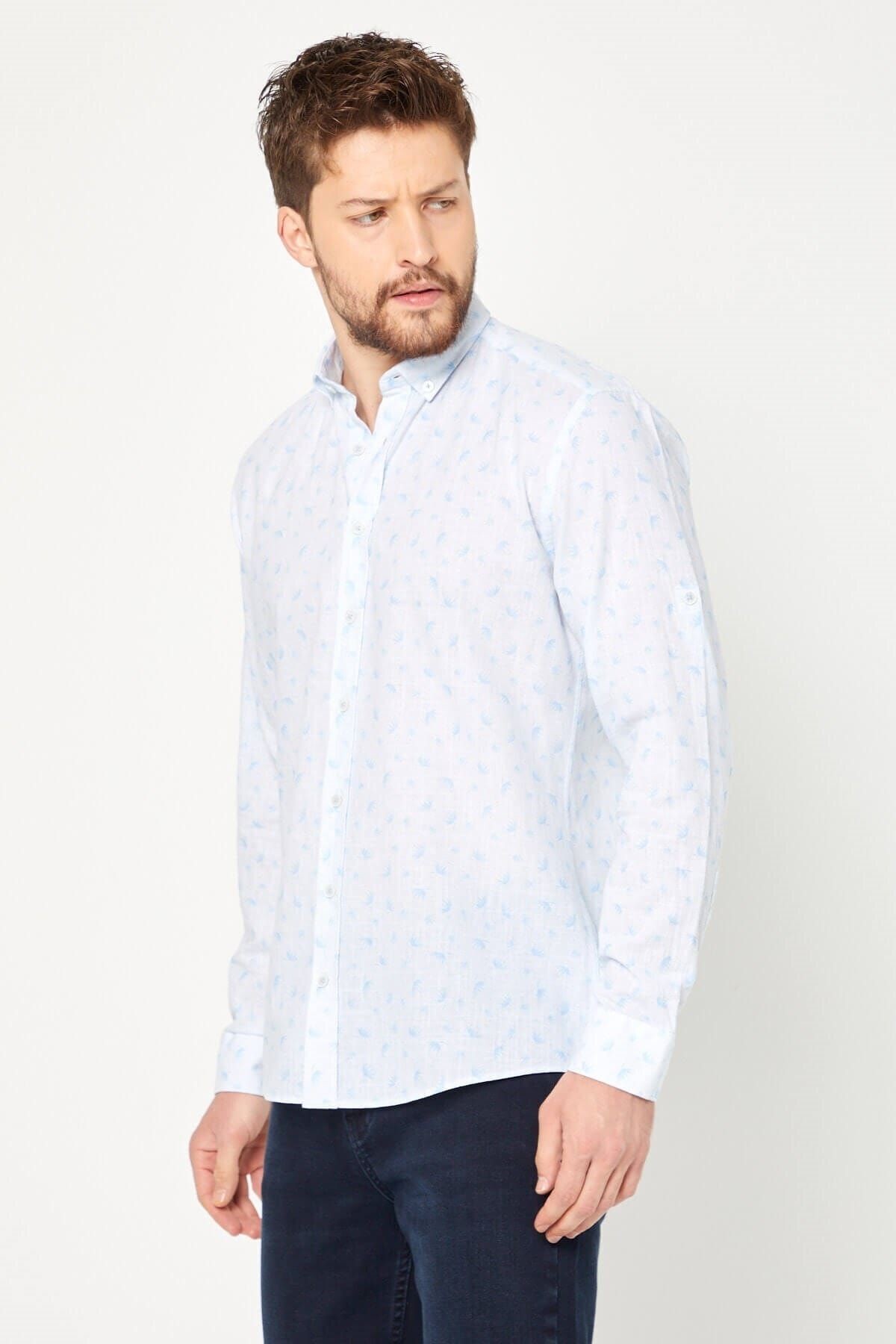 %100 Pamuk Keten Mavi Baskılı Slim Fit Uzun Kol Keten Gömlek