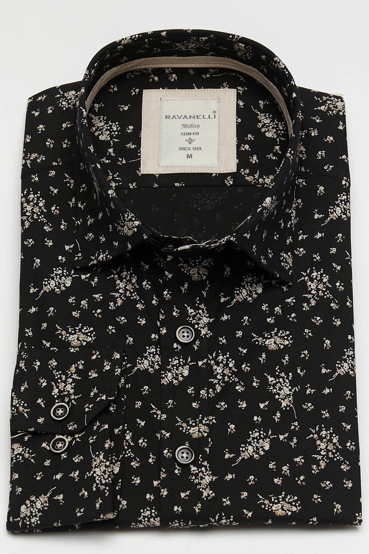 Baskılı Siyah Slim Fit Uzun Kol Gömlek