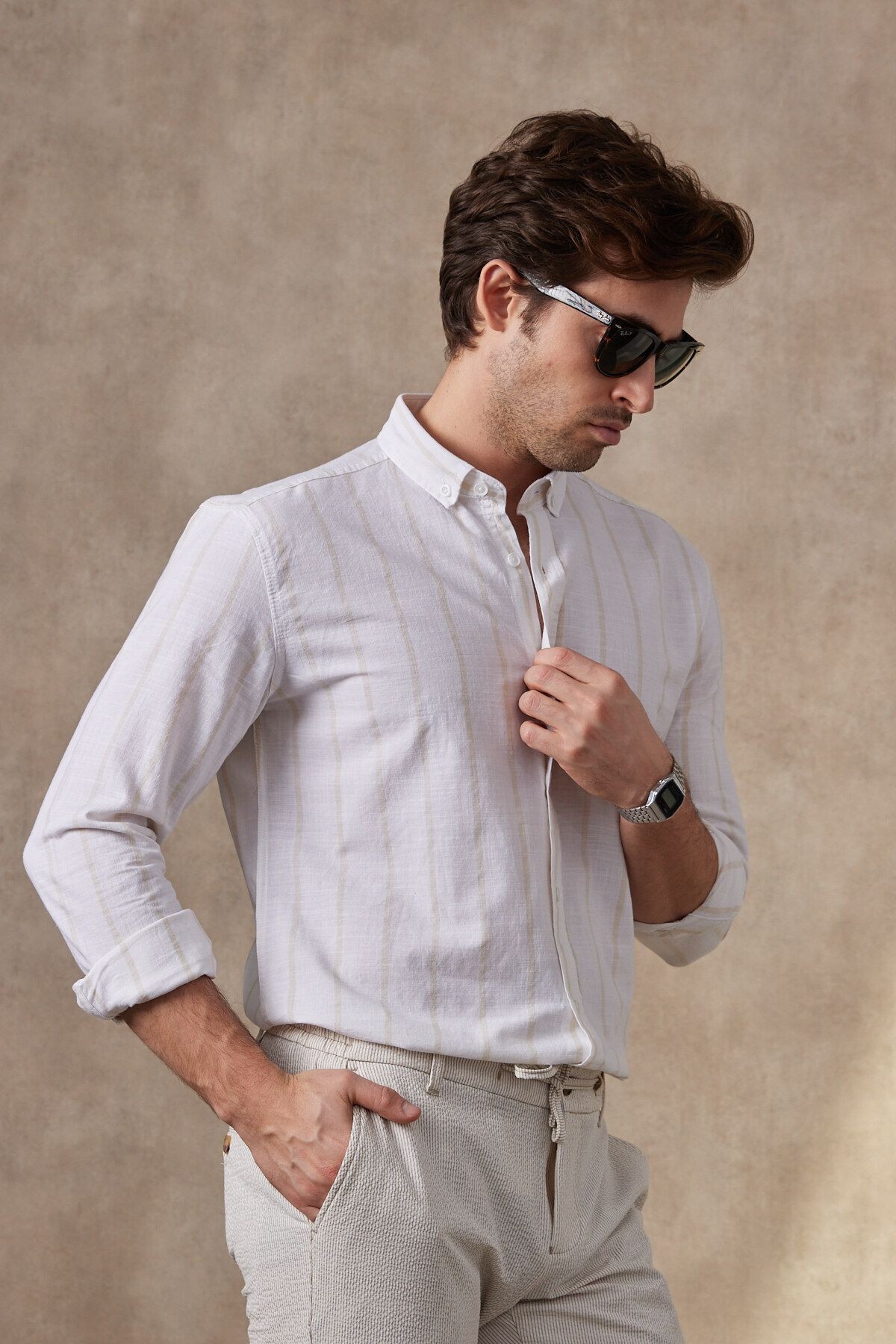 Çizgili Modern Slim Fit Keten Uzun Kol Erkek Gömlek