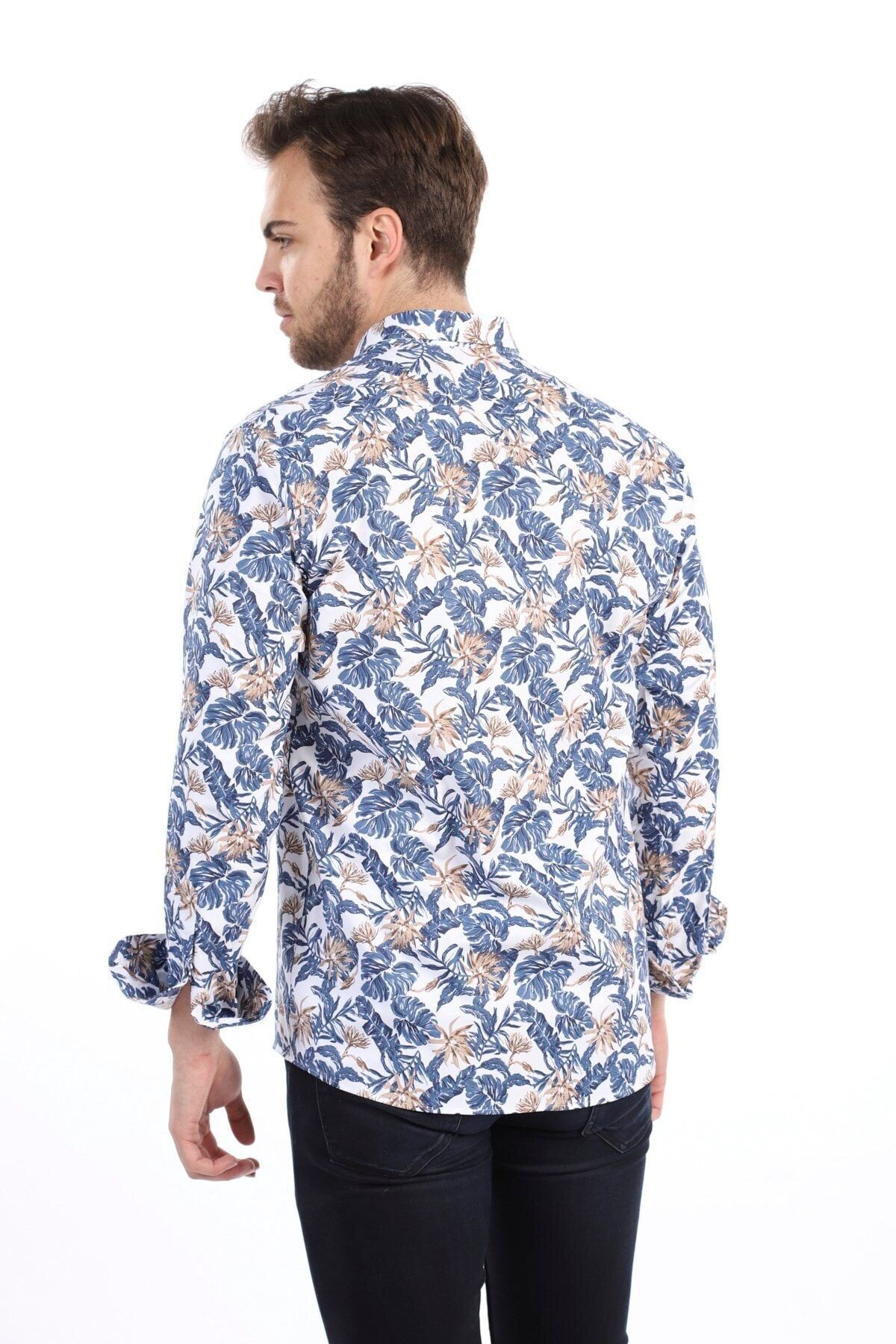 Baskılı Beyaz Slim Fit Likralı Gömlek