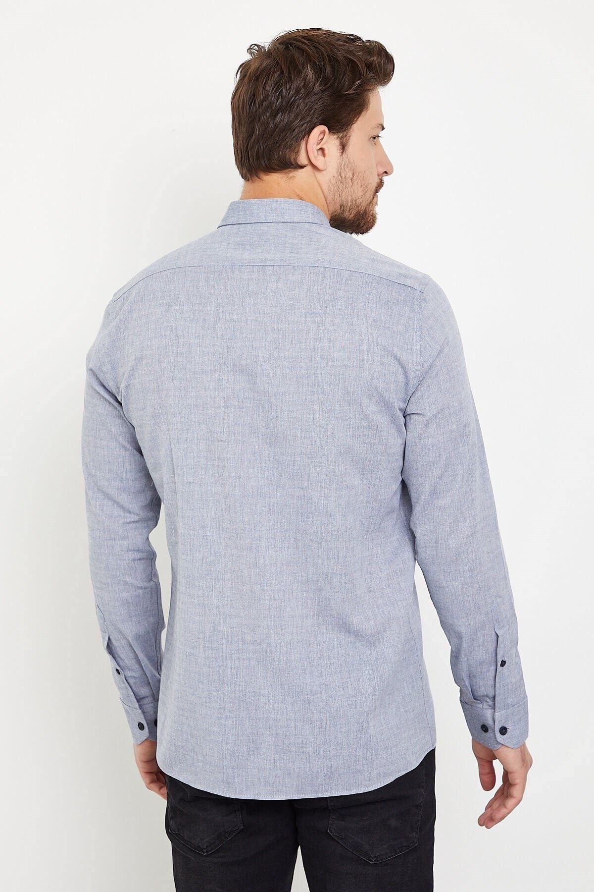 Açık Lacivert Pamuklu Slim Fit Uzun Kol Gömlek