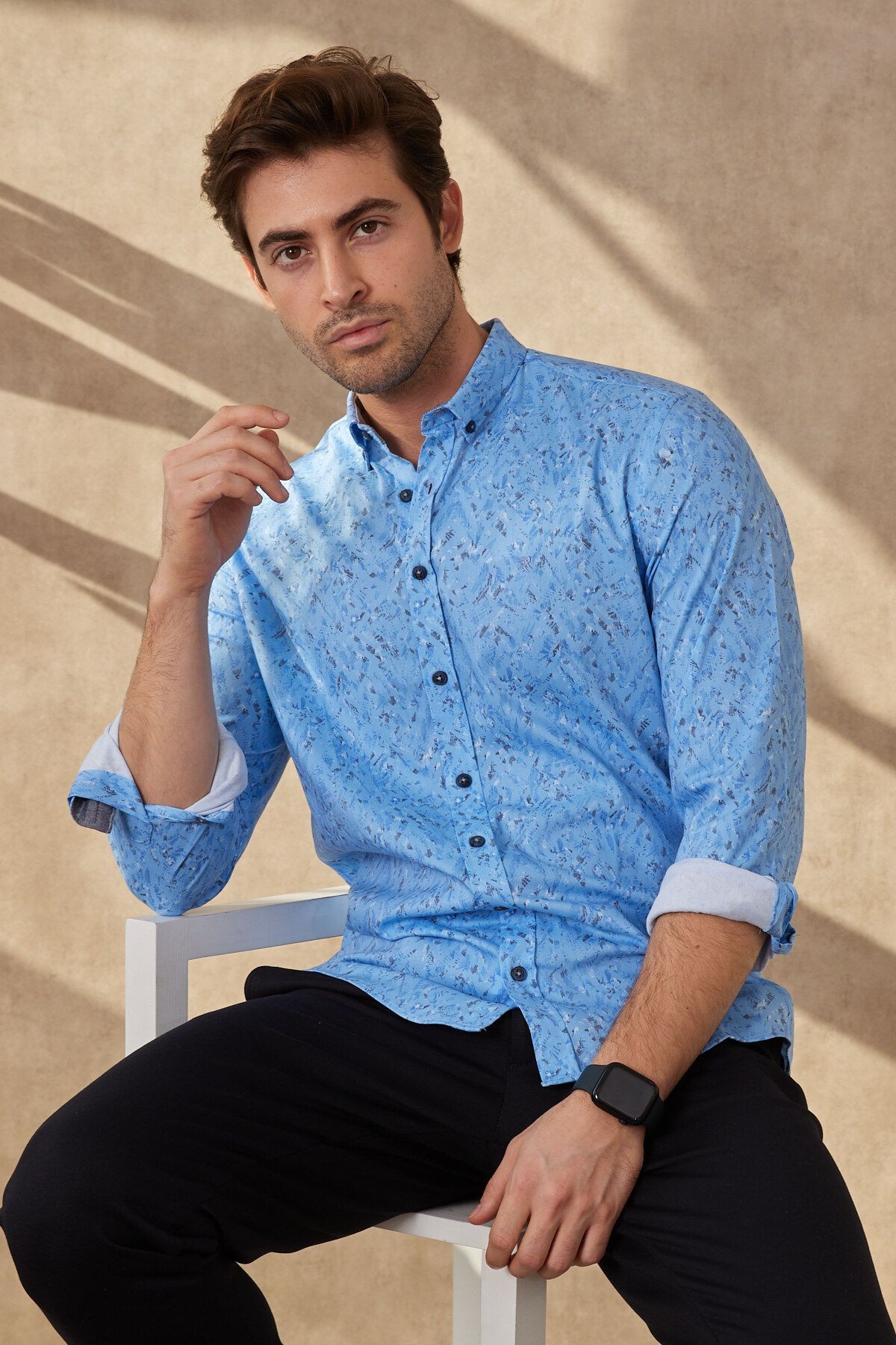 Erkek Baskılı Mavi Modern Slim Fit Uzun Kol Gömlek