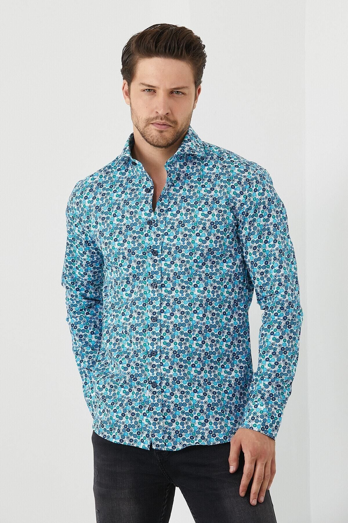 Erkek Pamuklu Dijital Baskı Desenli Dar Kesim Slim Fit Gömlek