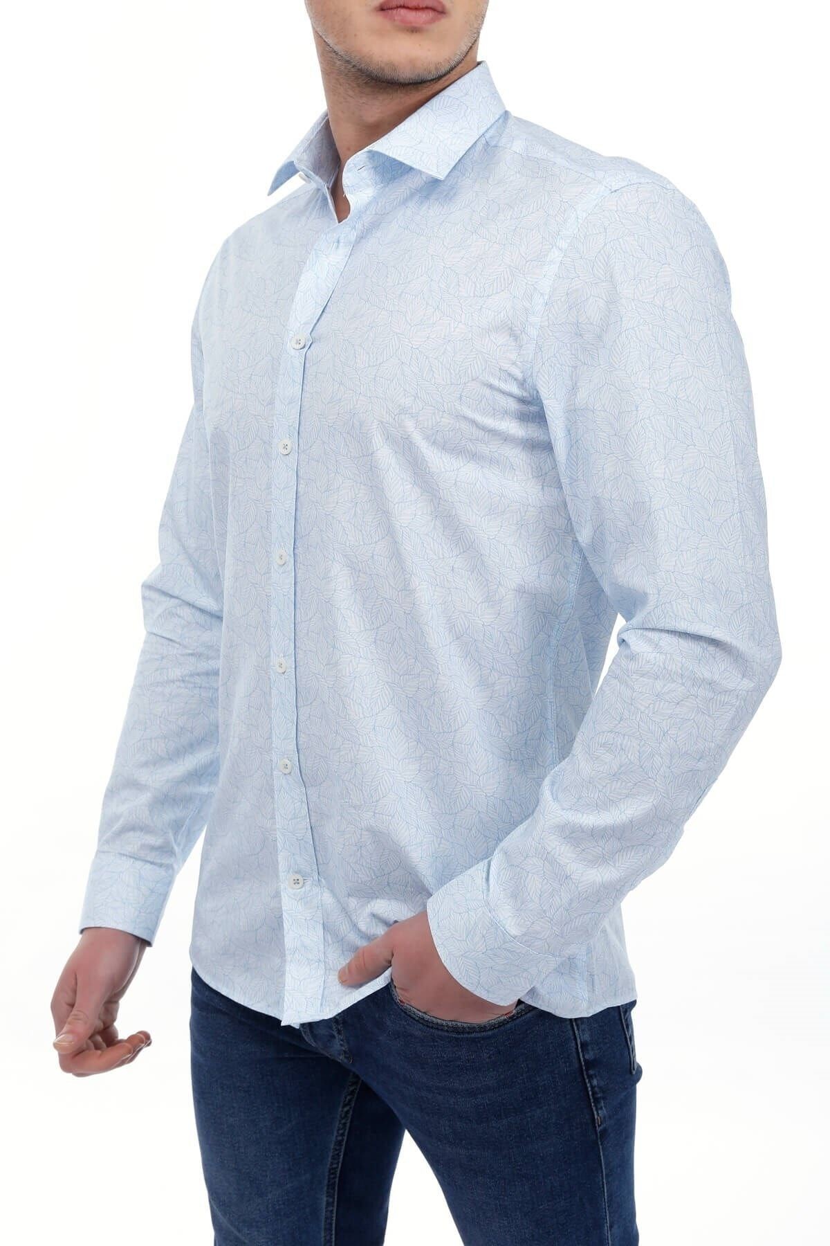 Baskılı Mavi Slim Fit Gömlek