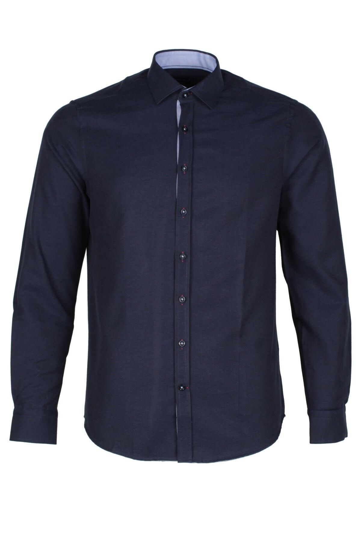 Erkek Lacivert Slim Fit Şambre Uzun Kol Gömlek