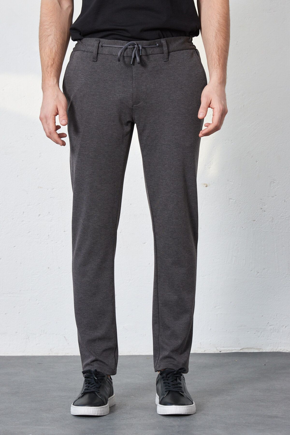 Erkek Gri Beli Lastikli Bağcıklı Örme Likralı Esnek Modern Slim Fit Jogger Pantolon