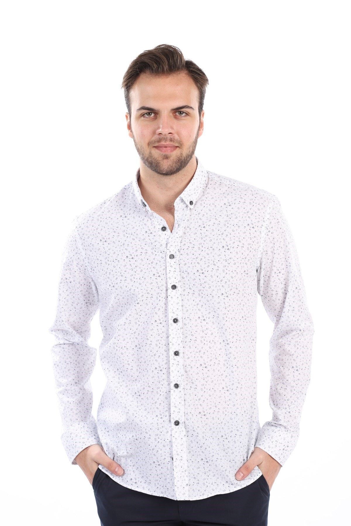 Baskılı Beyaz Slim Fit Gömlek