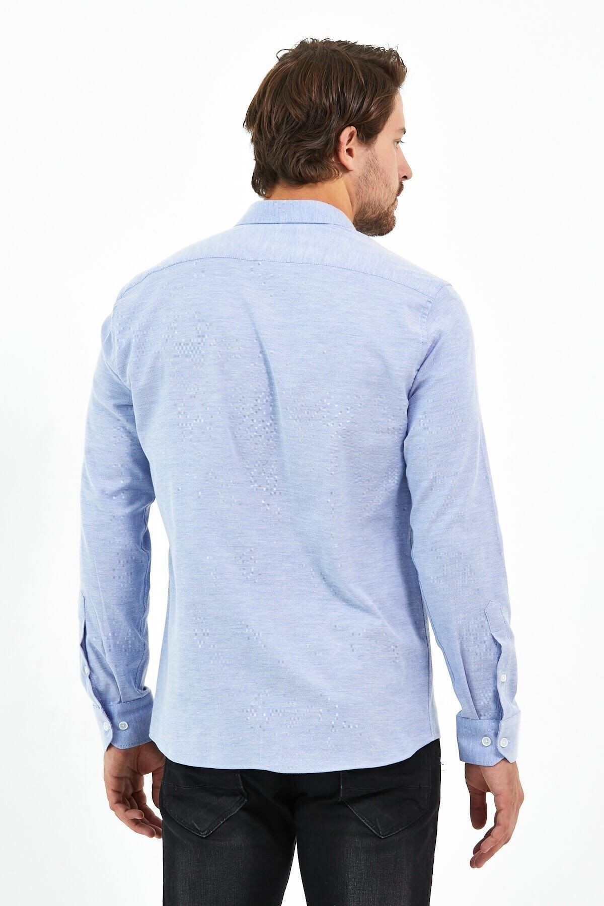 Koyu Mavi Oxford Likra Slim Fit Uzun Kol Gömlek