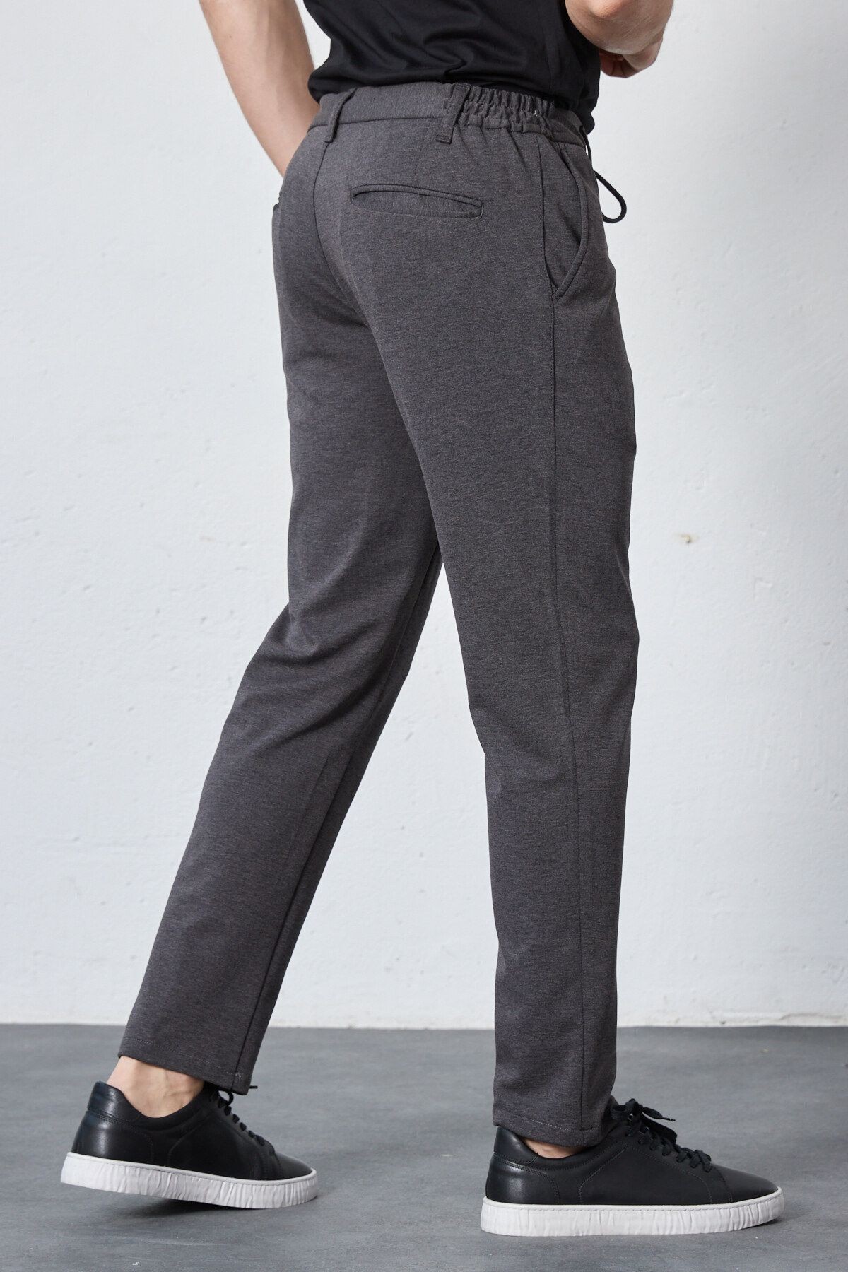 Erkek Gri Beli Lastikli Bağcıklı Örme Likralı Esnek Modern Slim Fit Jogger Pantolon