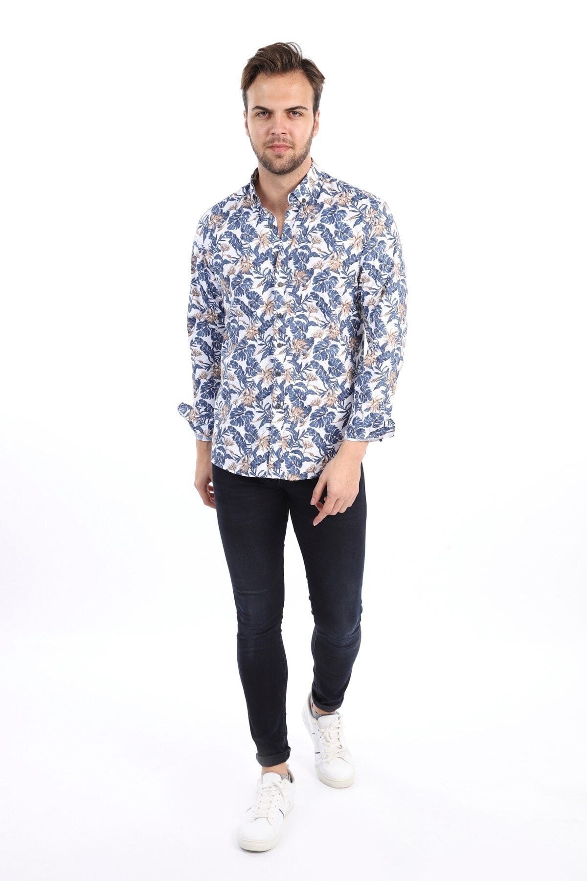 Baskılı Beyaz Slim Fit Likralı Gömlek