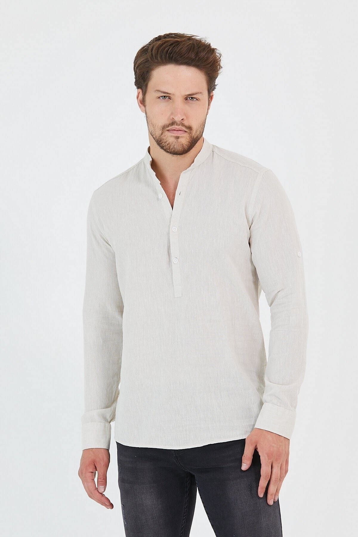 Keten Hakim Yaka Yarım Pat Bej Slim Fit Uzun Kol Gömlek