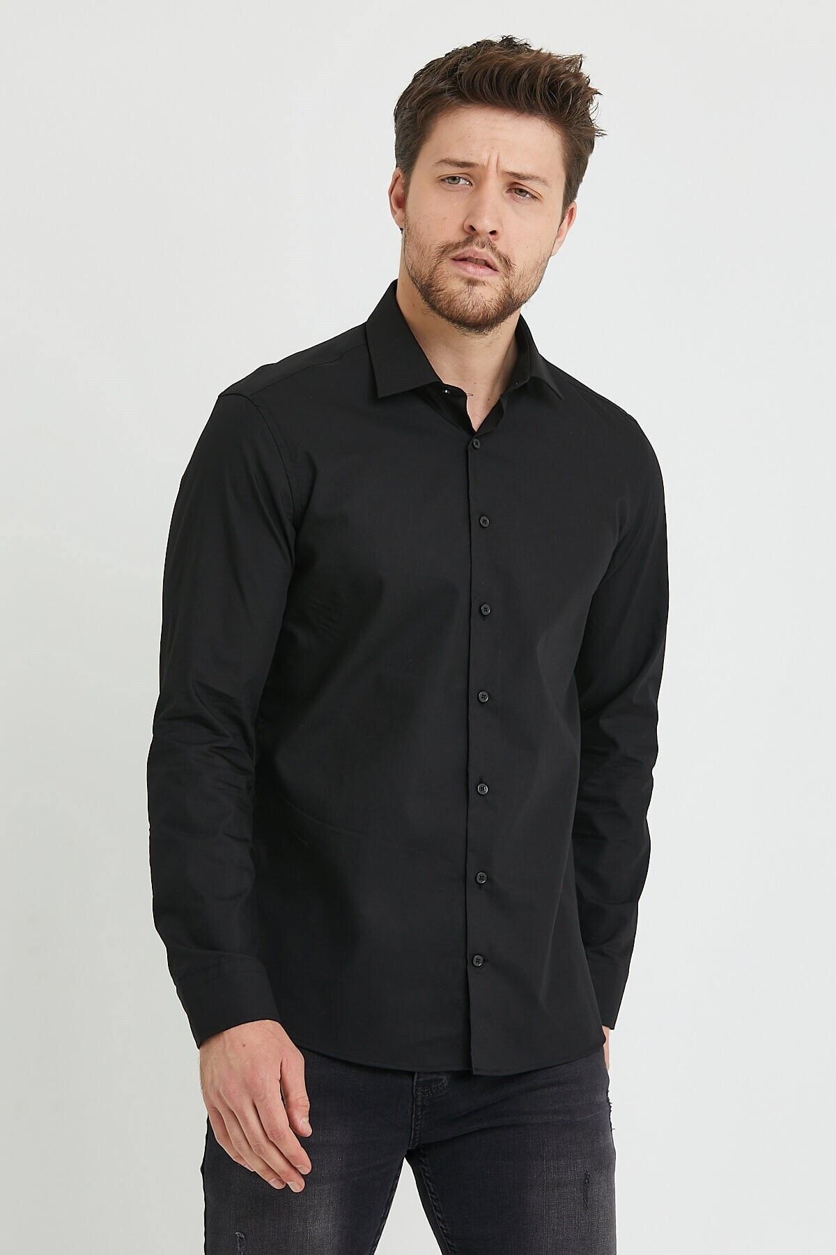 Slim Fit Uzun Kollu Kolay Ütü Teri Emen Yumuşak Dokulu Kravatlık Dört Mevsim Siyah Erkek Gömlek